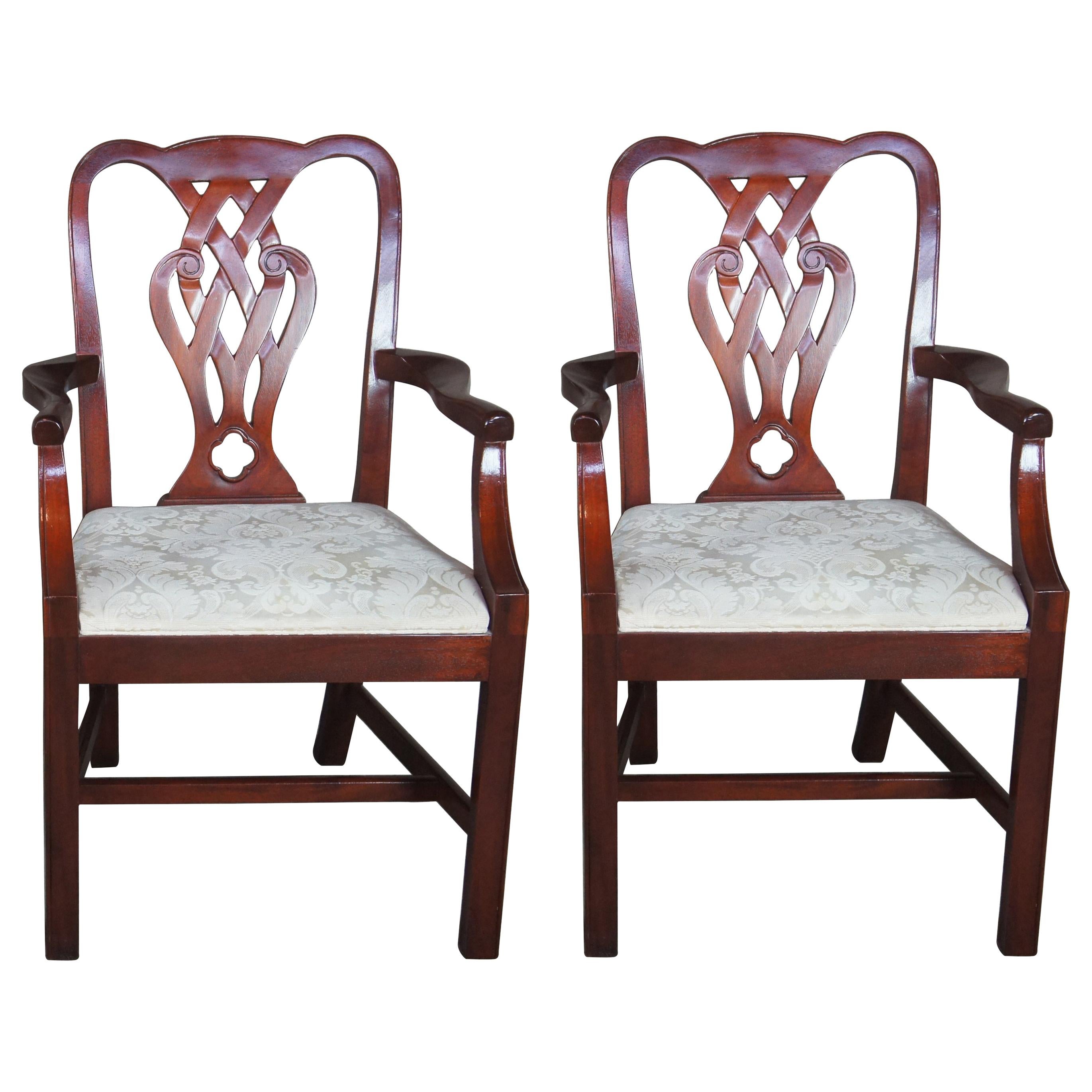 2 Baker Chippendale Style Pretzel Back Mahogany Dining Armchairs Damask Seat