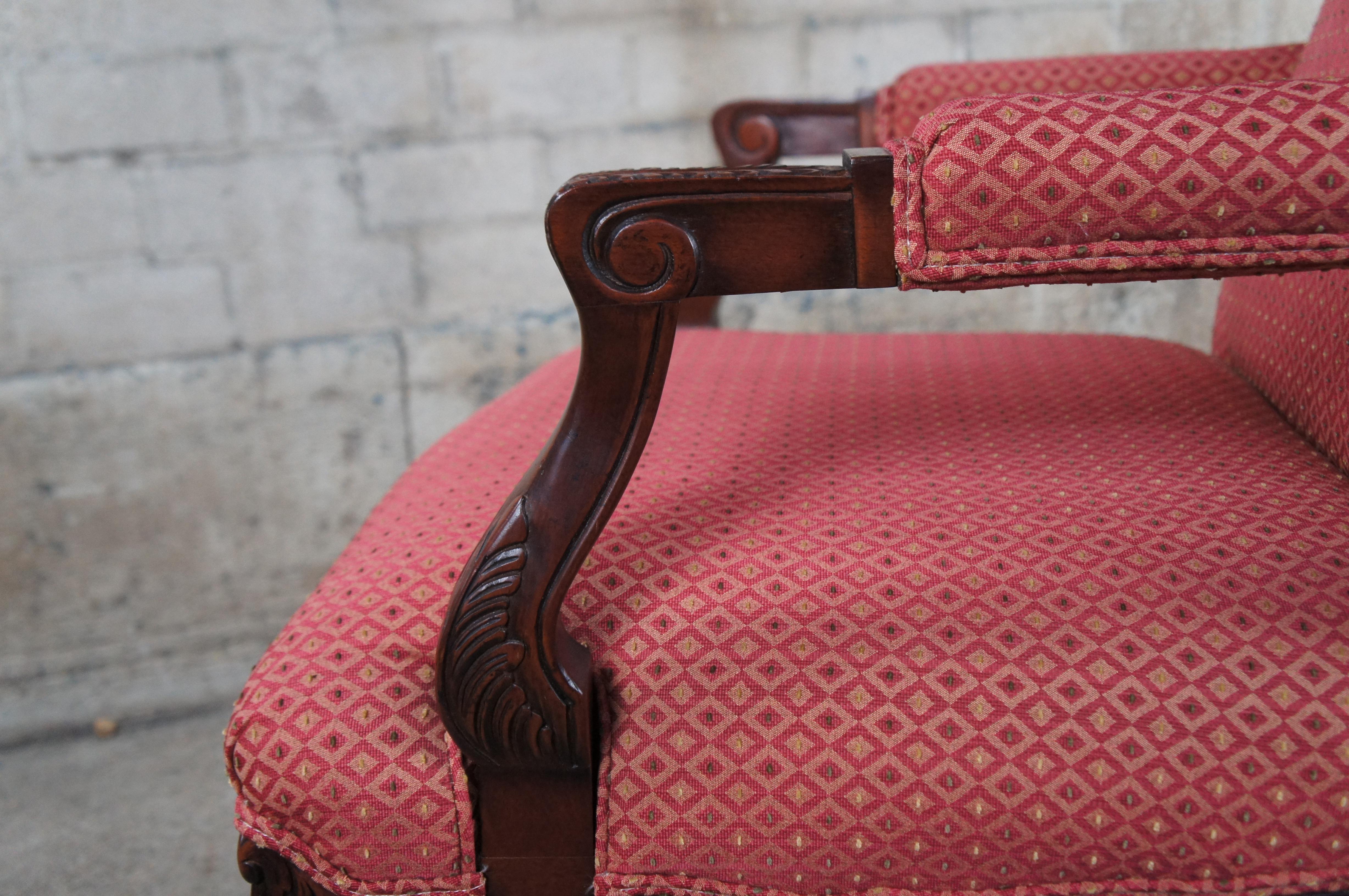 Upholstery 2 Baker French Louis XVI Mahogany Fauteuil Library Lounge Club Armchairs Pair For Sale