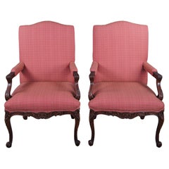 2 Baker French Louis XVI Mahogany Fauteuil Library Lounge Club Armchairs Pair