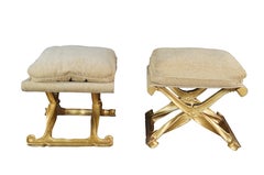 2 Baker Furniture French Louis XV Gilt X Form Pliants Ottoman Footstools Pair