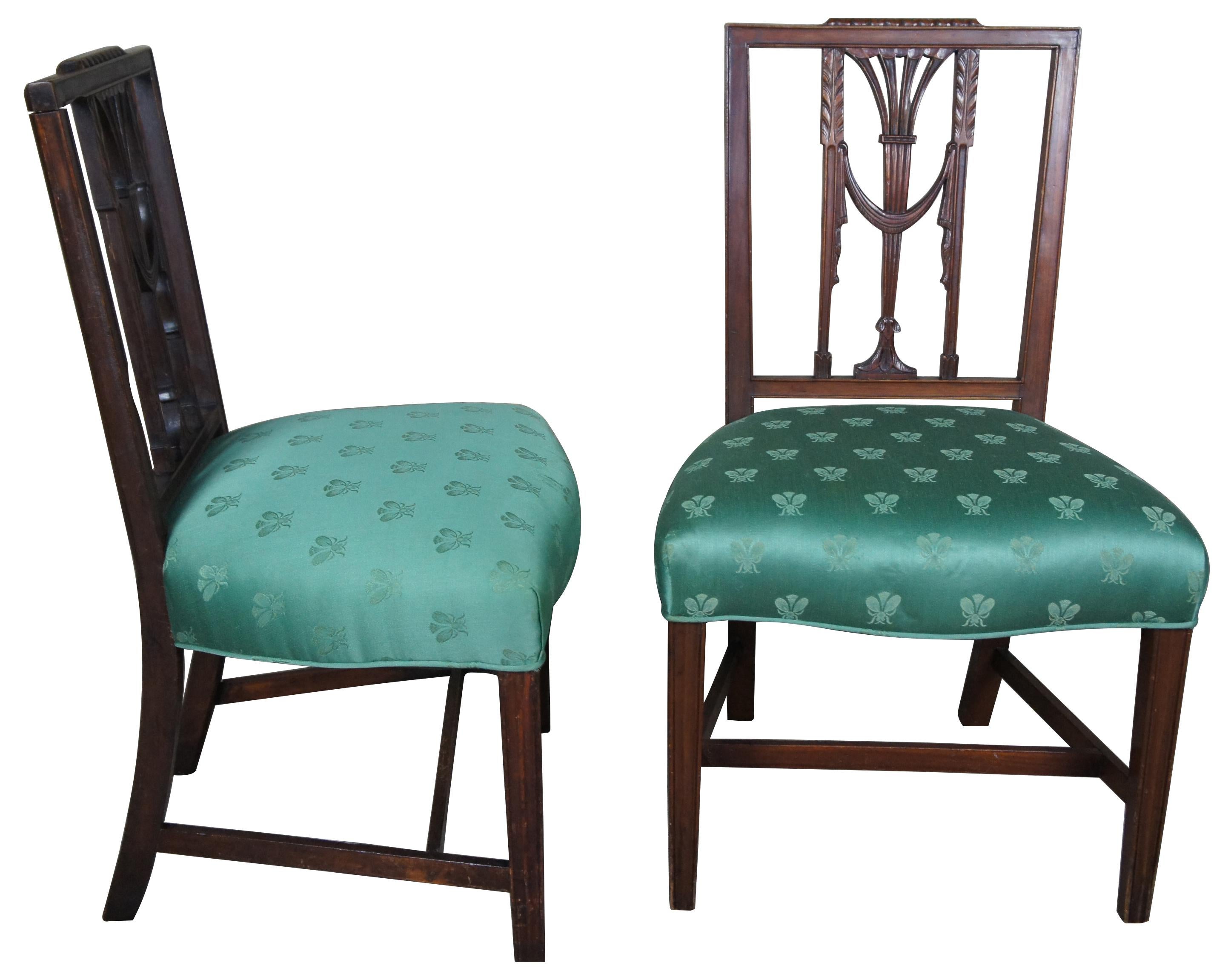 2 Baker Furniture hepplewhite square back chairs Sheraton parlor dining side.

2 matching chairs, one antique and one vintage, Baker Furniture Hepplewhite Square back dining or side chair. Features mahogany wood with green silk fabric seat.