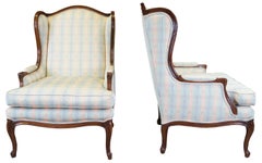 2 Baker Louis XV French Country Bergere Wingback Chairs Scalamandre Plaid