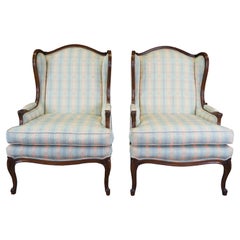 2 Baker Louis XV French Country Bergere Wingback Chairs Scalamandre Plaid
