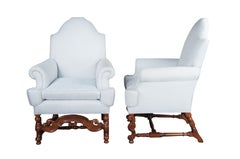 2 Baker William & Mary Style Walnut Club Lounge Library Arm Chairs