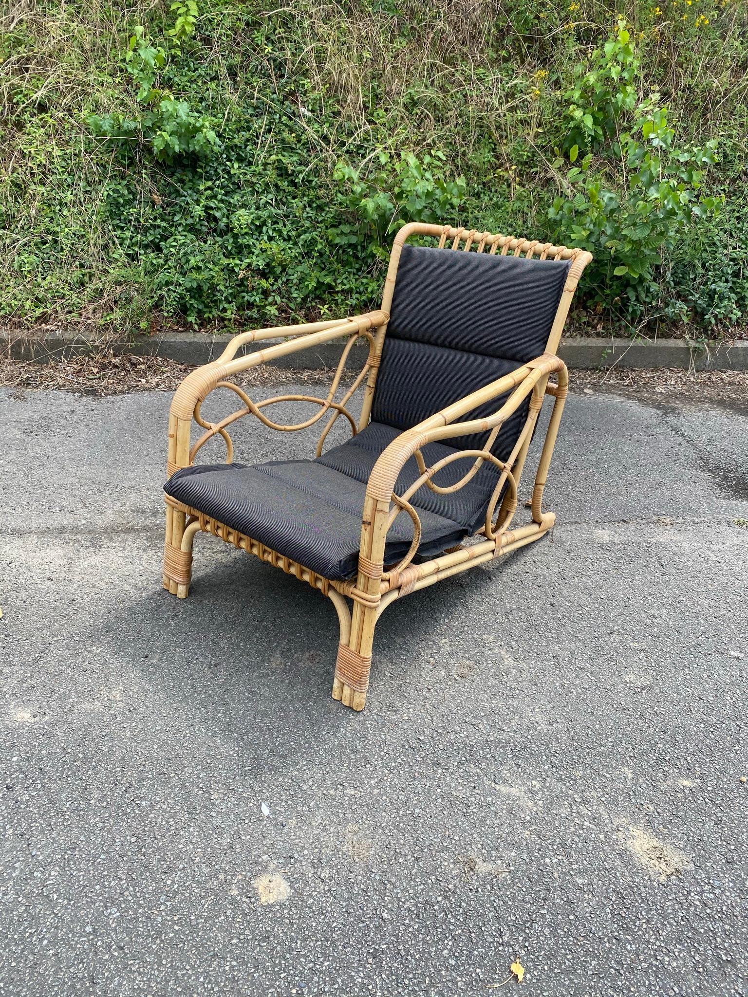 Mid-Century Modern 2 Bamboo and Rattan Armchairs and Their Cushionsc, circa 1970 For Sale