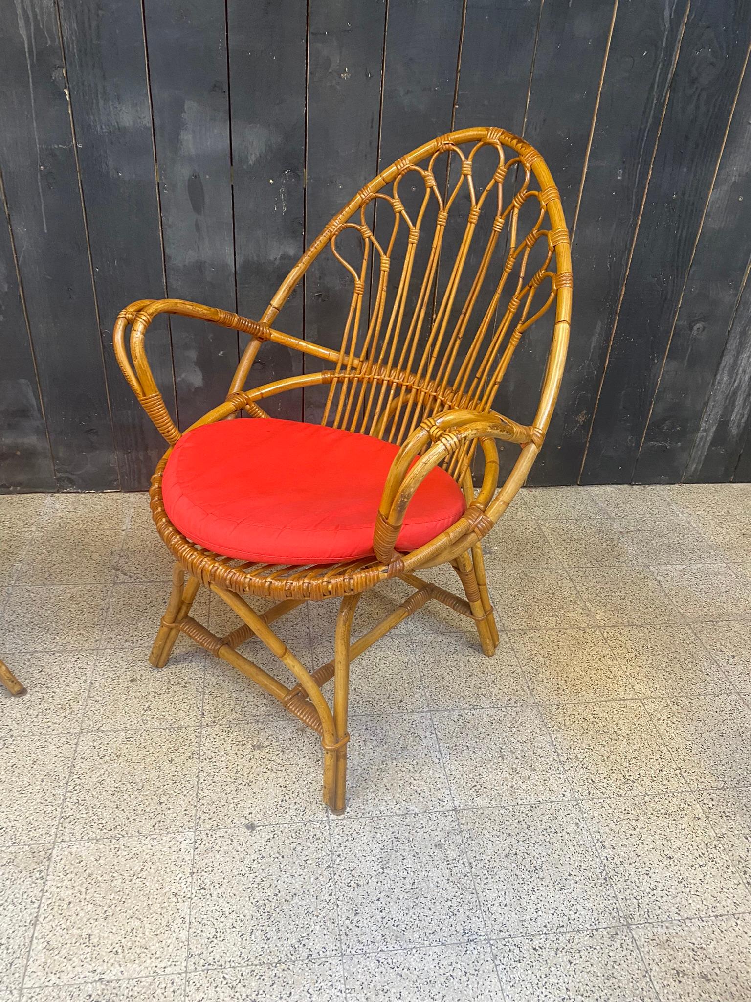 French 2 Bamboo and Rattan Armchairs and Their Cushions, circa 1970 For Sale