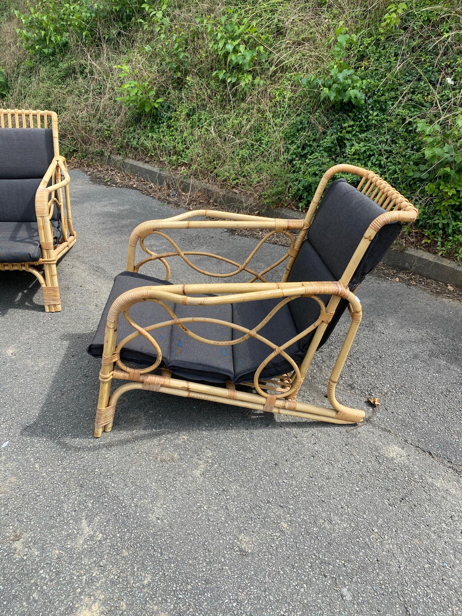 European 2 Bamboo and Rattan Armchairs and Their Cushionsc, circa 1970 For Sale