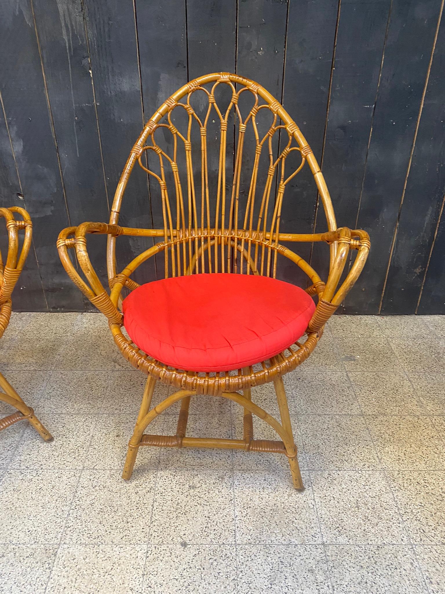 Late 20th Century 2 Bamboo and Rattan Armchairs and Their Cushions, circa 1970 For Sale