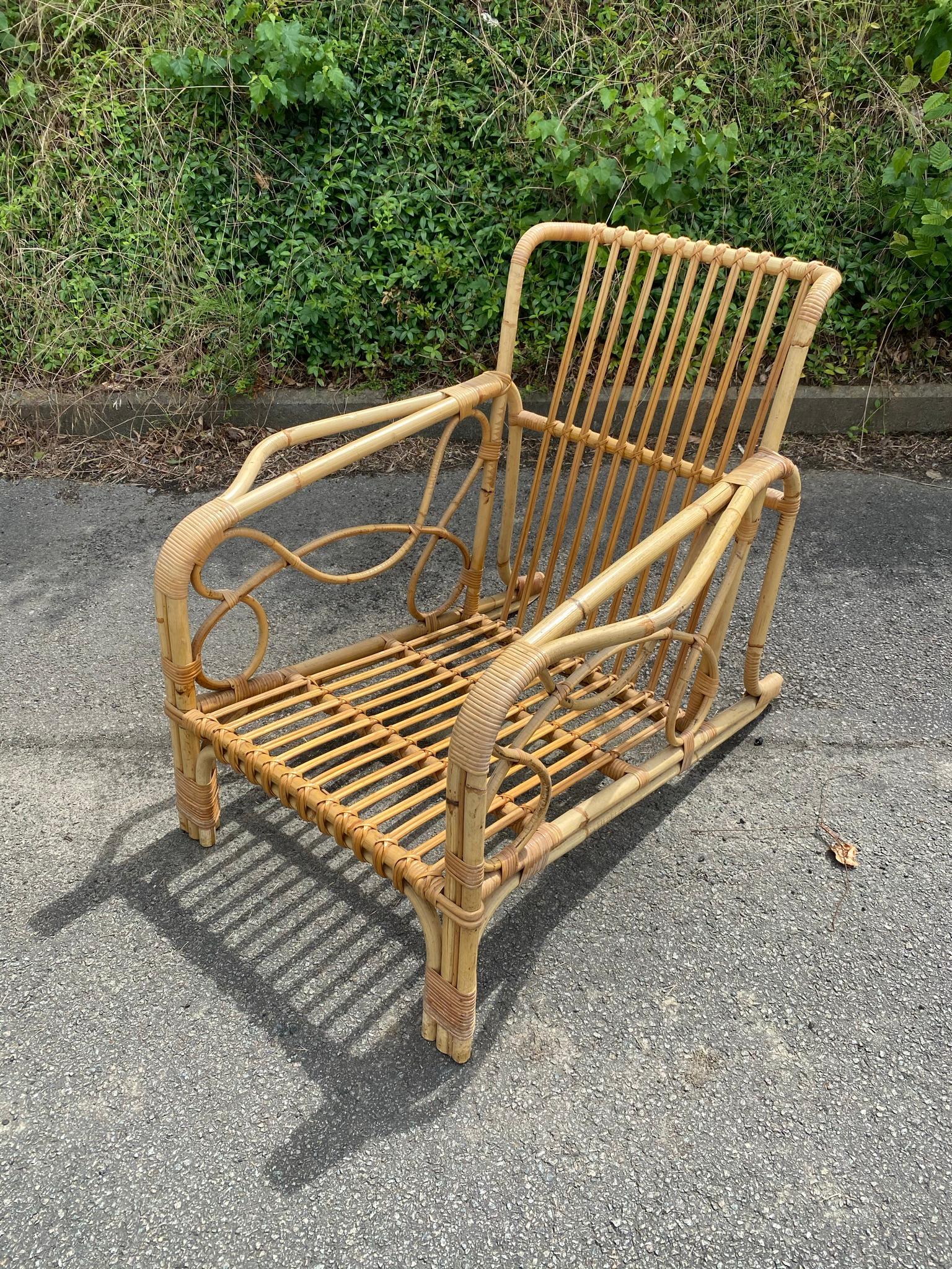 Late 20th Century 2 Bamboo and Rattan Armchairs and Their Cushionsc, circa 1970 For Sale
