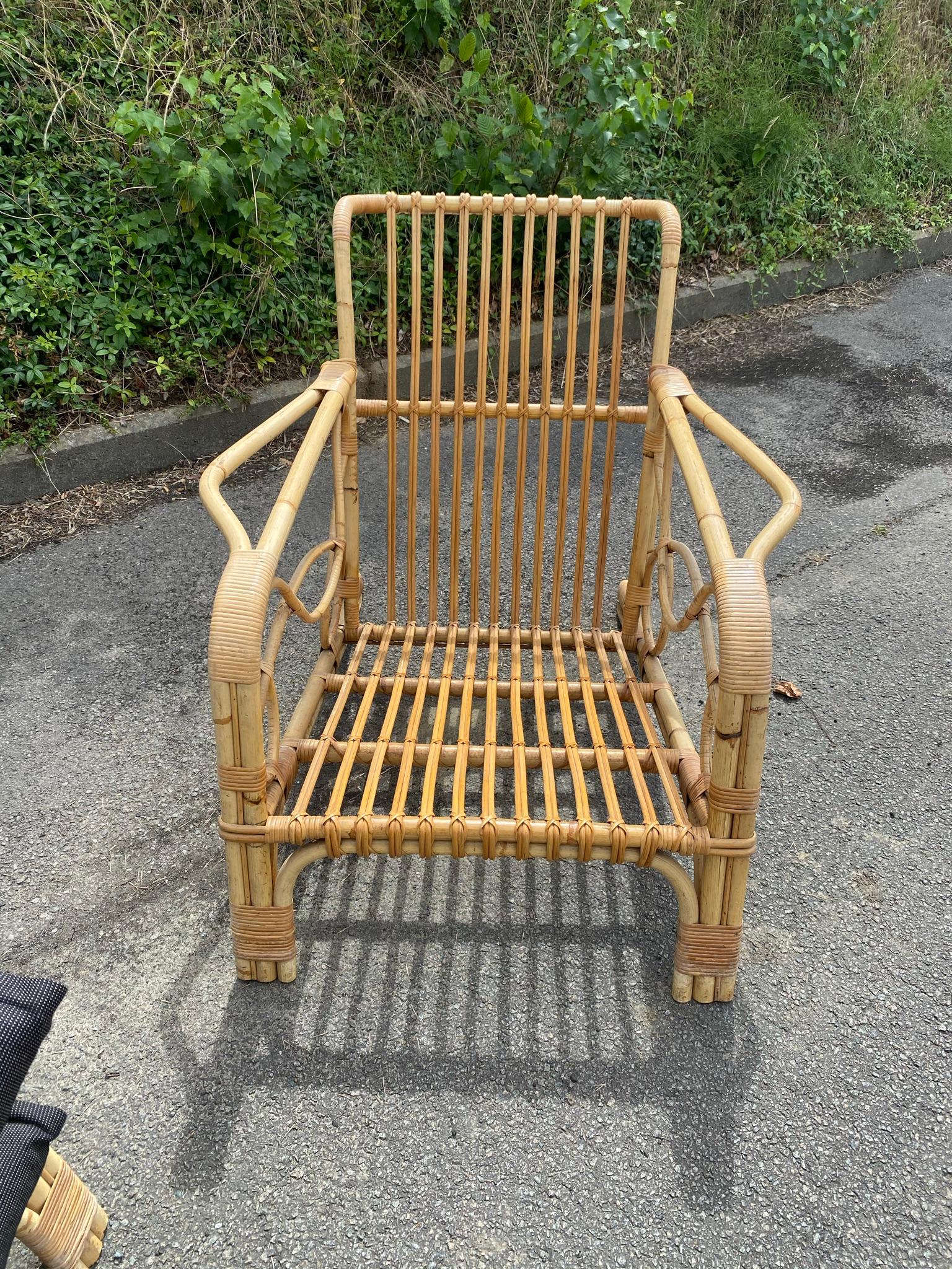 2 Bamboo and Rattan Armchairs and Their Cushionsc, circa 1970 For Sale 1