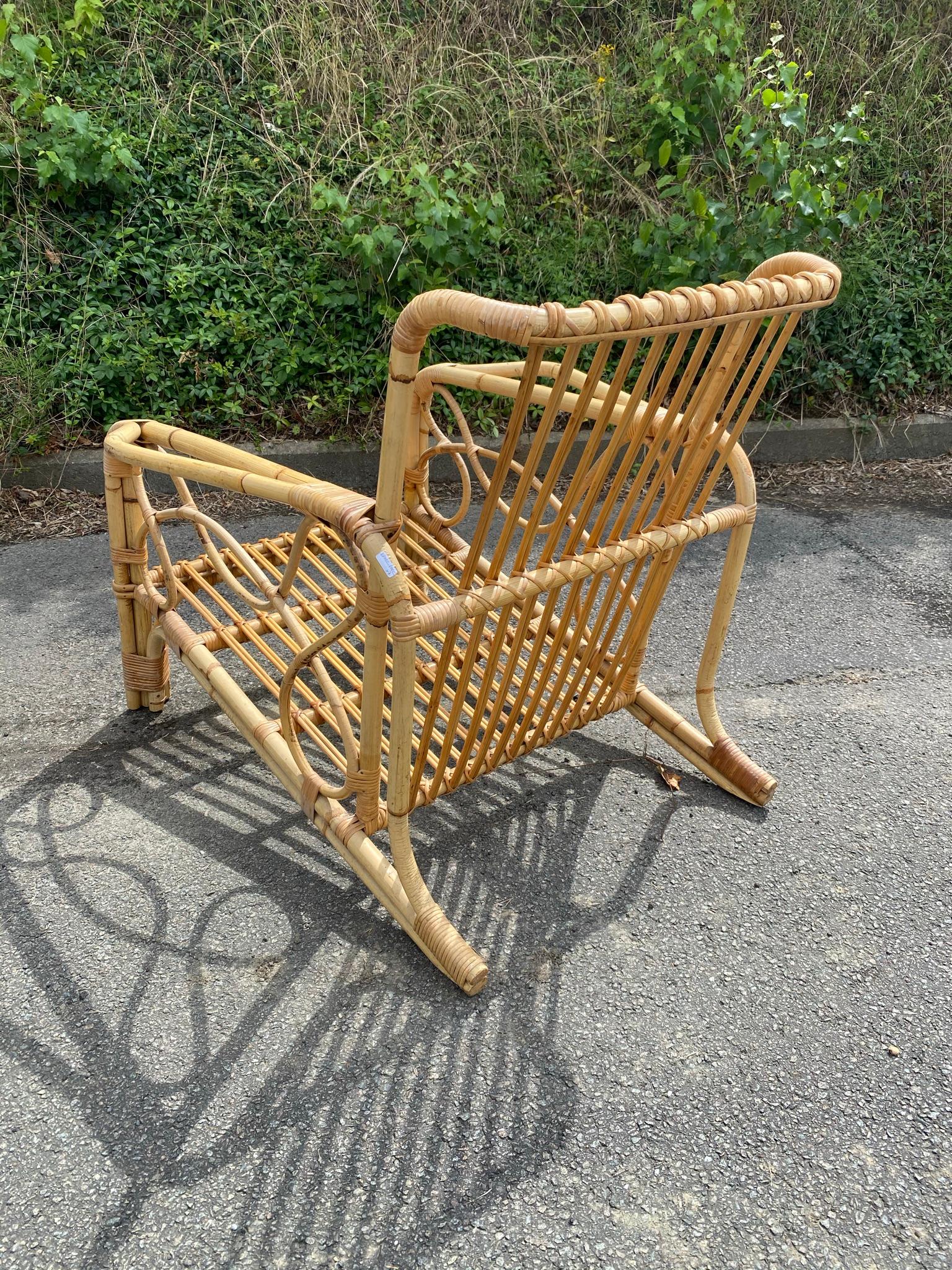 2 Bamboo and Rattan Armchairs and Their Cushionsc, circa 1970 For Sale 2