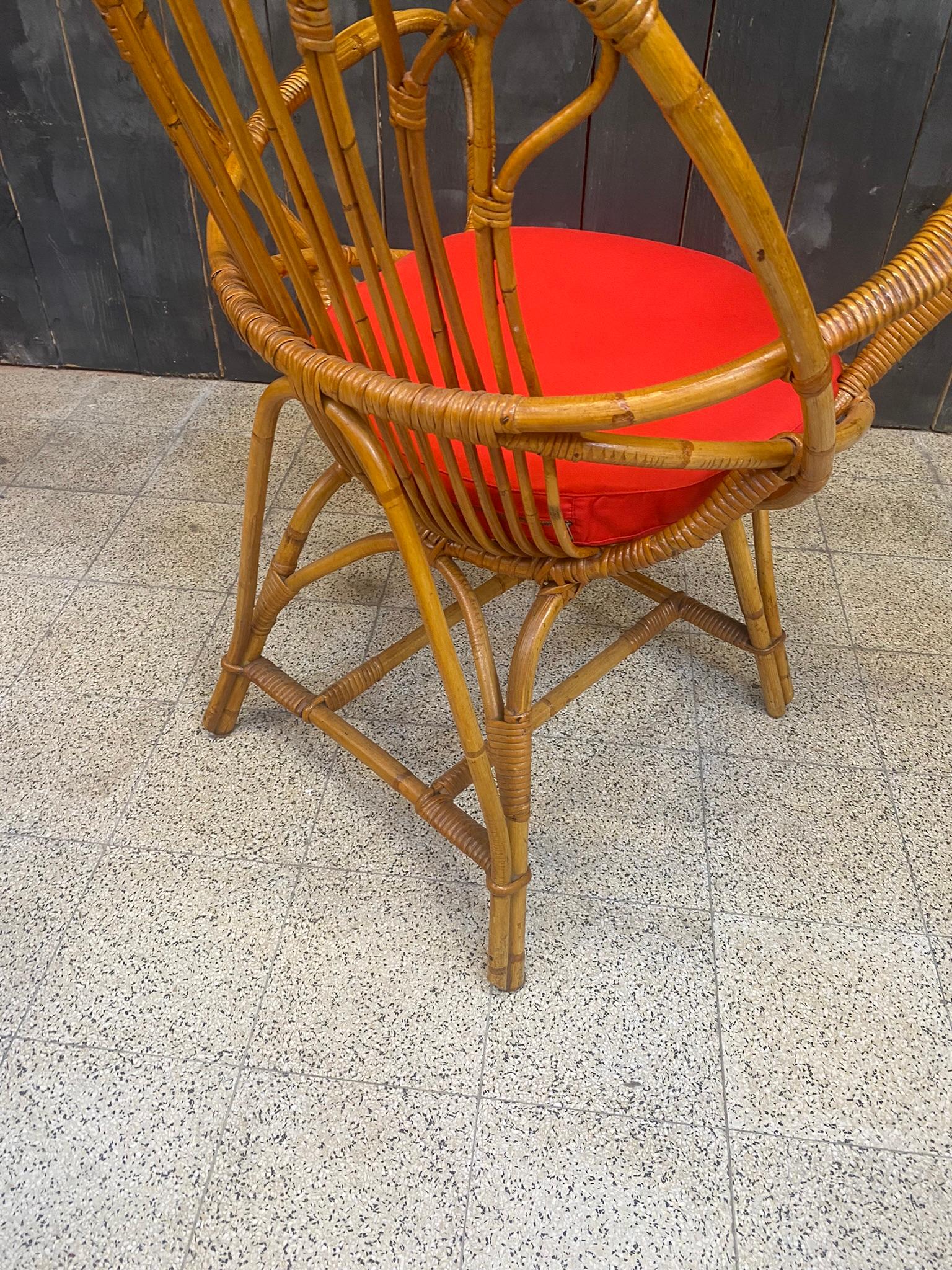 2 Bamboo and Rattan Armchairs and Their Cushions, circa 1970 For Sale 3