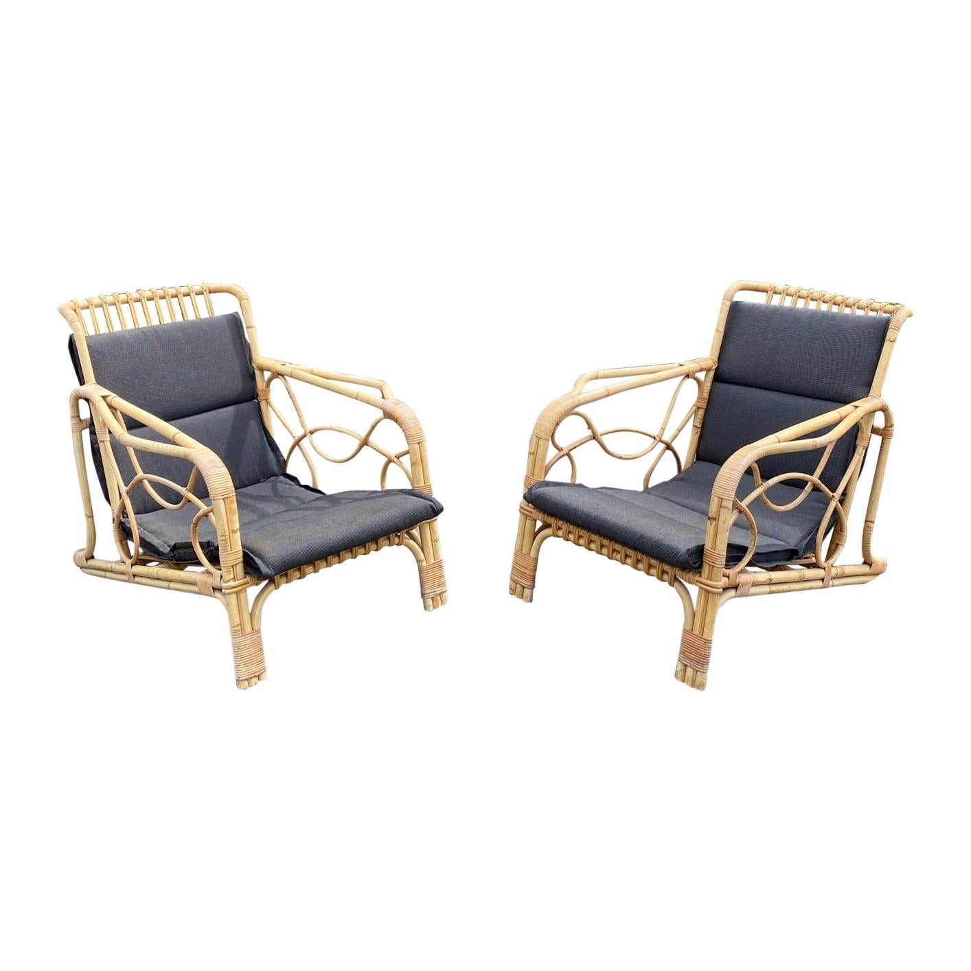2 Poltrone in bambù e rattan e relativi cuscini, 1970 circa