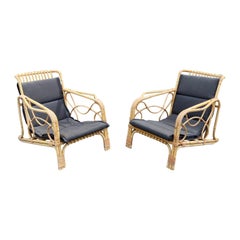 2 Bamboo and Rattan Armchairs and Their Cushionsc, circa 1970