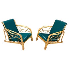 2 Poltrone in bambù e rattan e relativi cuscini, 1970 circa