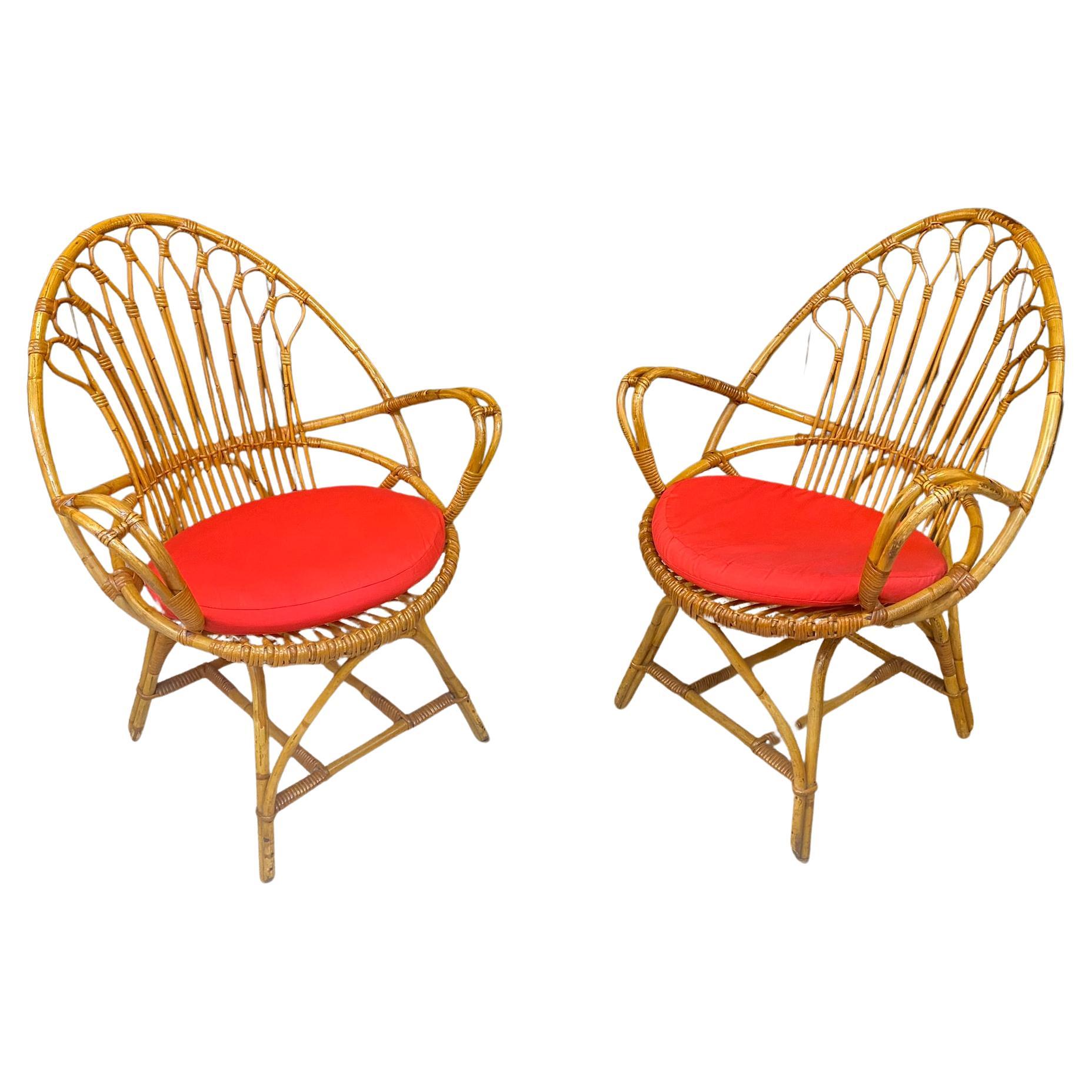 2 Bamboo and Rattan Armchairs and Their Cushions, circa 1970 For Sale