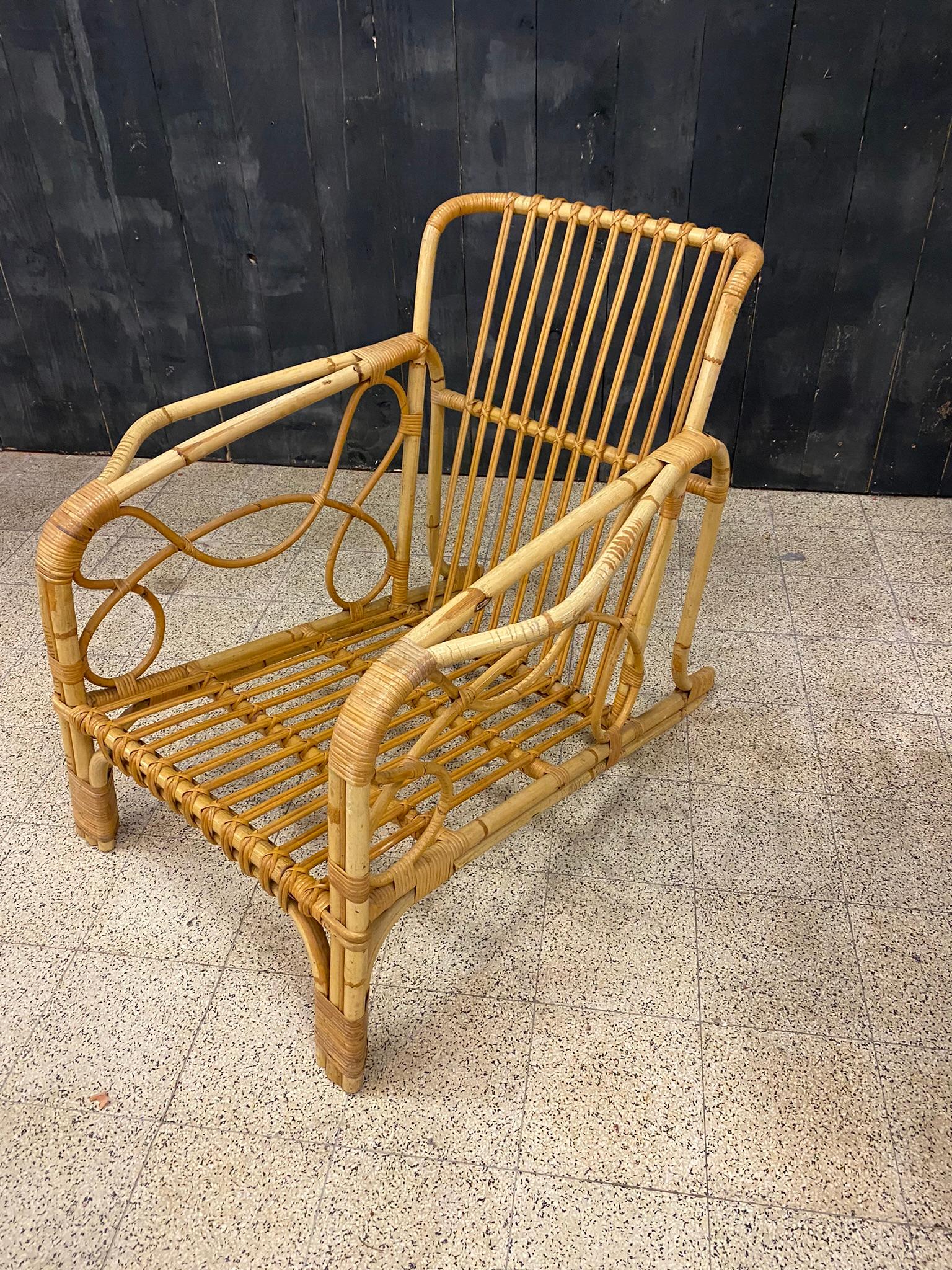 2 Bamboo and Rattan Armchairs and Their Cushions, circa 1970 For Sale 5