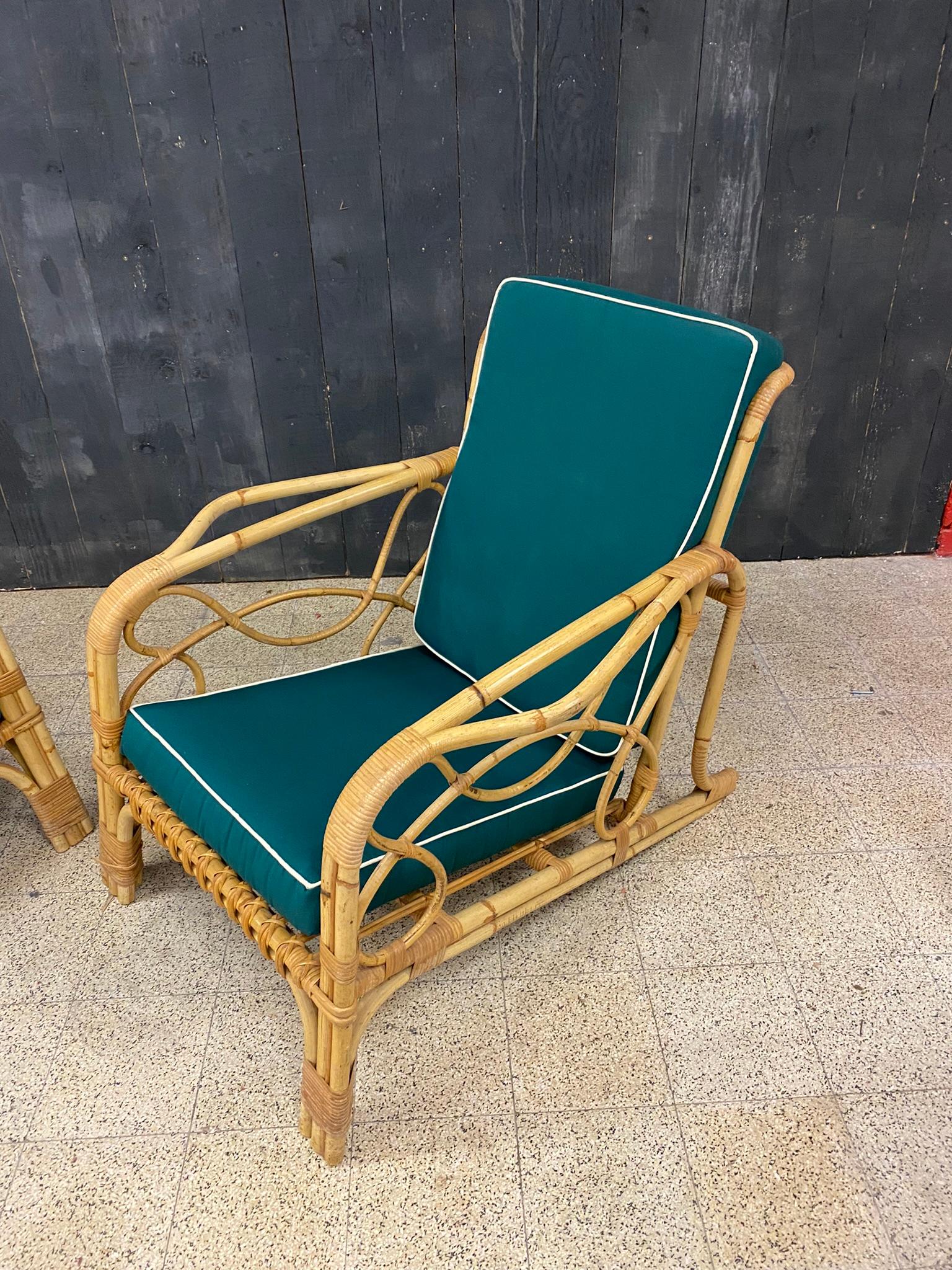 2 Bamboo and Rattan Armchairs and Their Cushionsc, circa 1970 For Sale 6