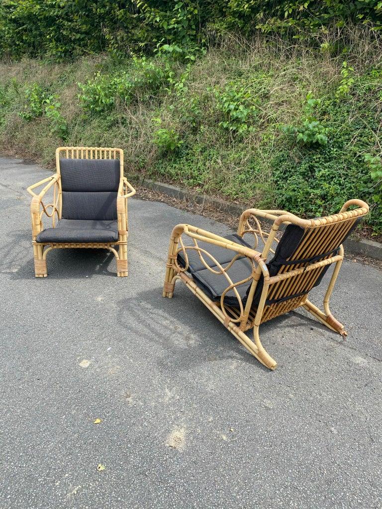 2 Bamboo and Rattan Armchairs and Their Cushions, circa 1970 For Sale 8