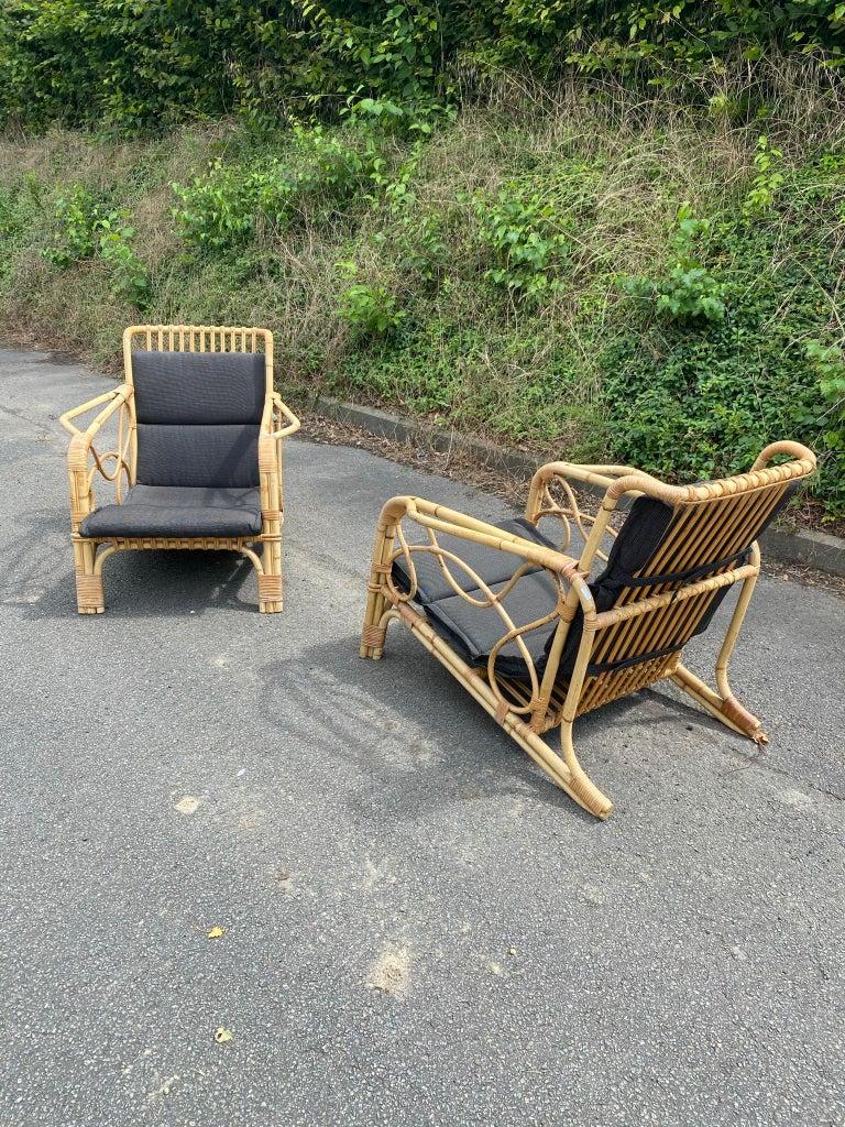 2 Poltrone in bambù e rattan e relativi cuscini, 1970 circa in vendita 7
