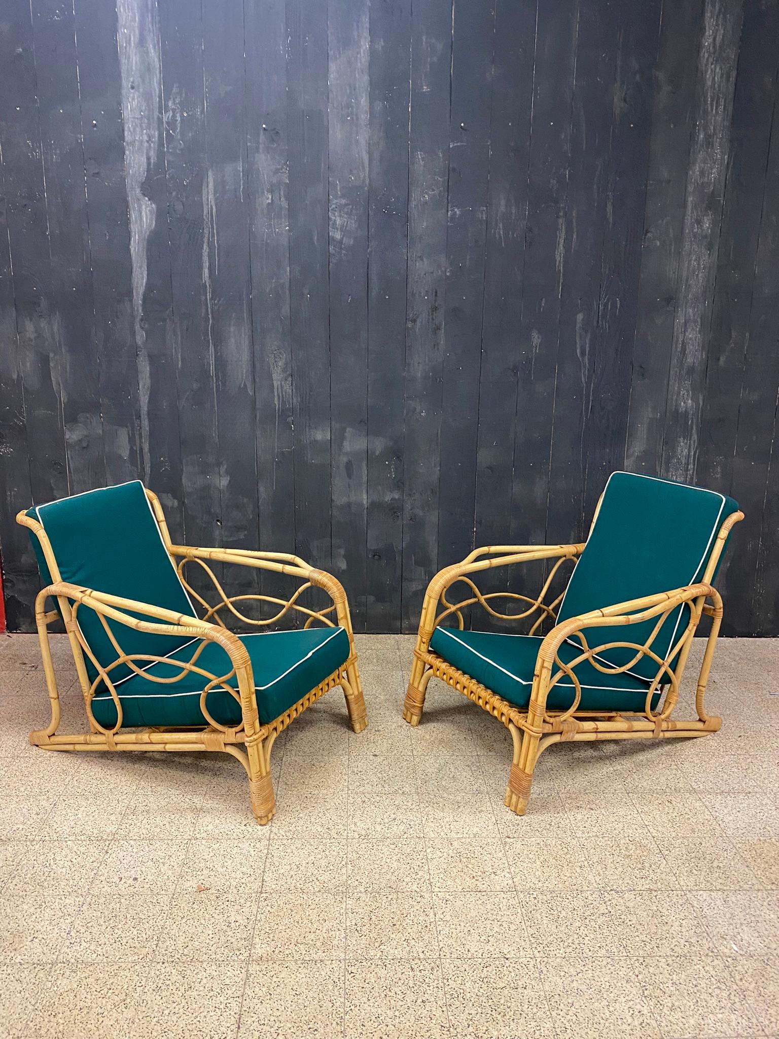 Mid-Century Modern 2 Bamboo and Rattan Armchairs and Their Cushions, circa 1970 For Sale