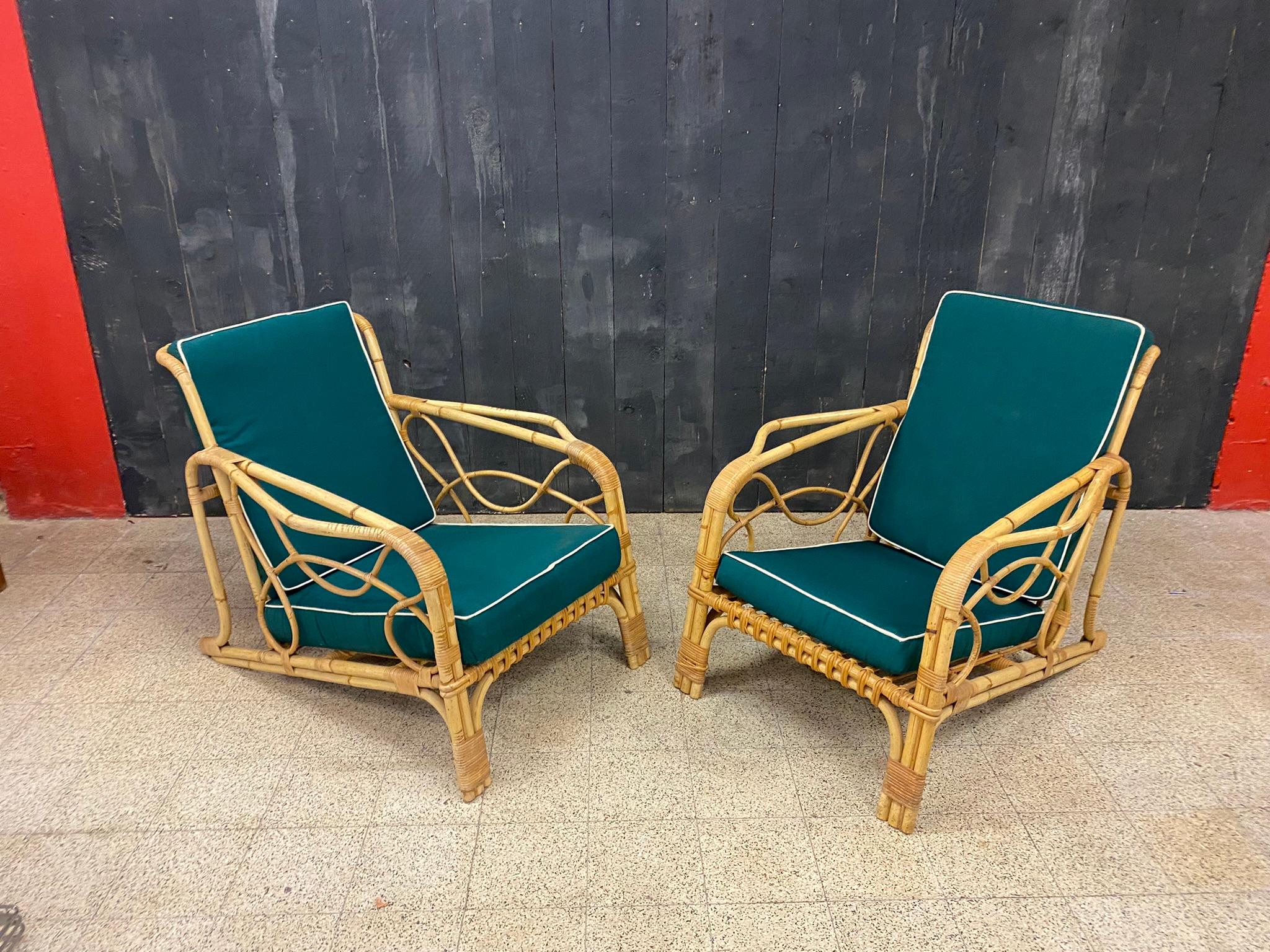 European 2 Bamboo and Rattan Armchairs and Their Cushions, circa 1970 For Sale