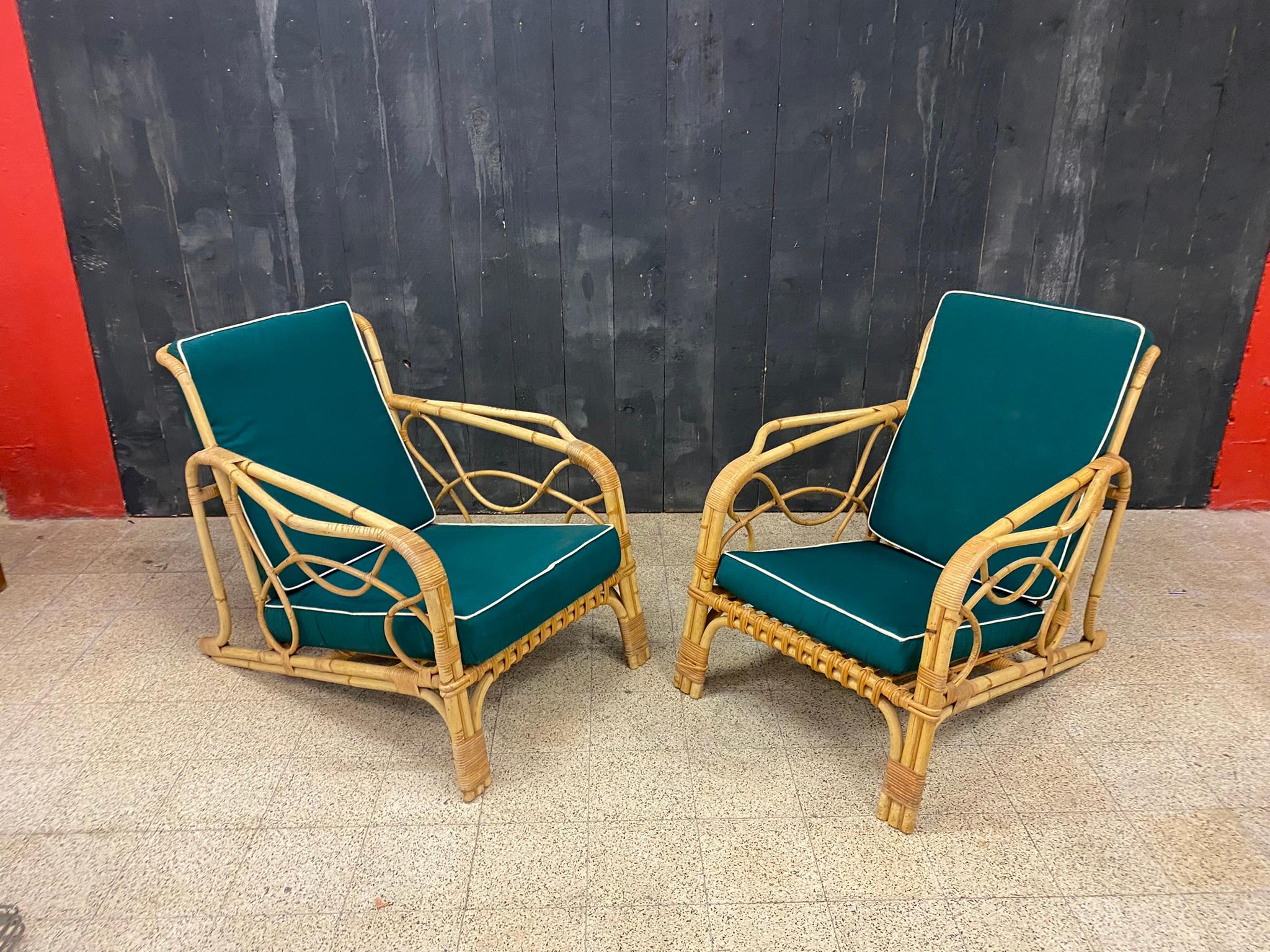 Europeo 2 Poltrone in bambù e rattan e relativi cuscini, 1970 circa in vendita