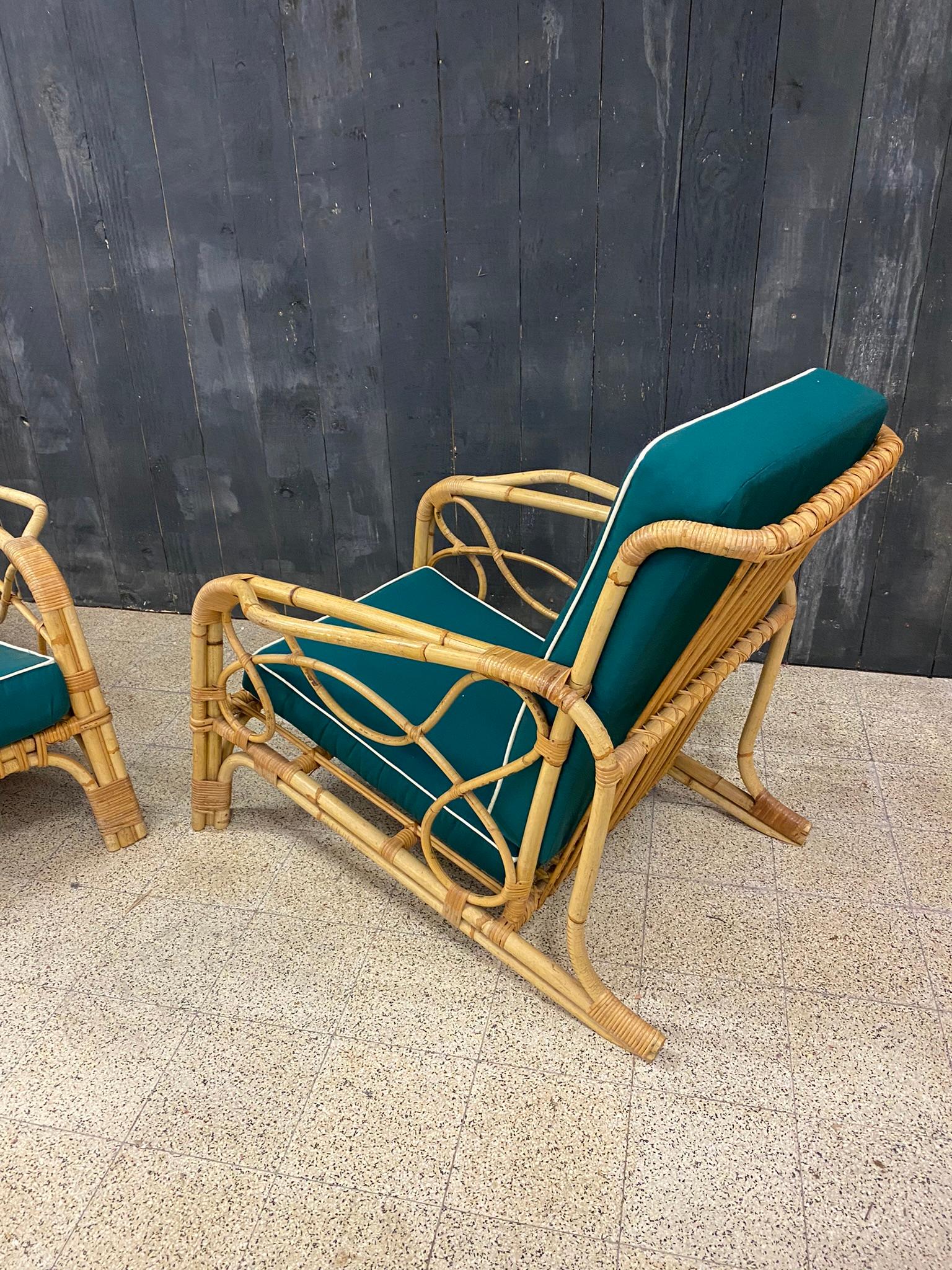 2 Bamboo and Rattan Armchairs and Their Cushions, circa 1970 For Sale 1