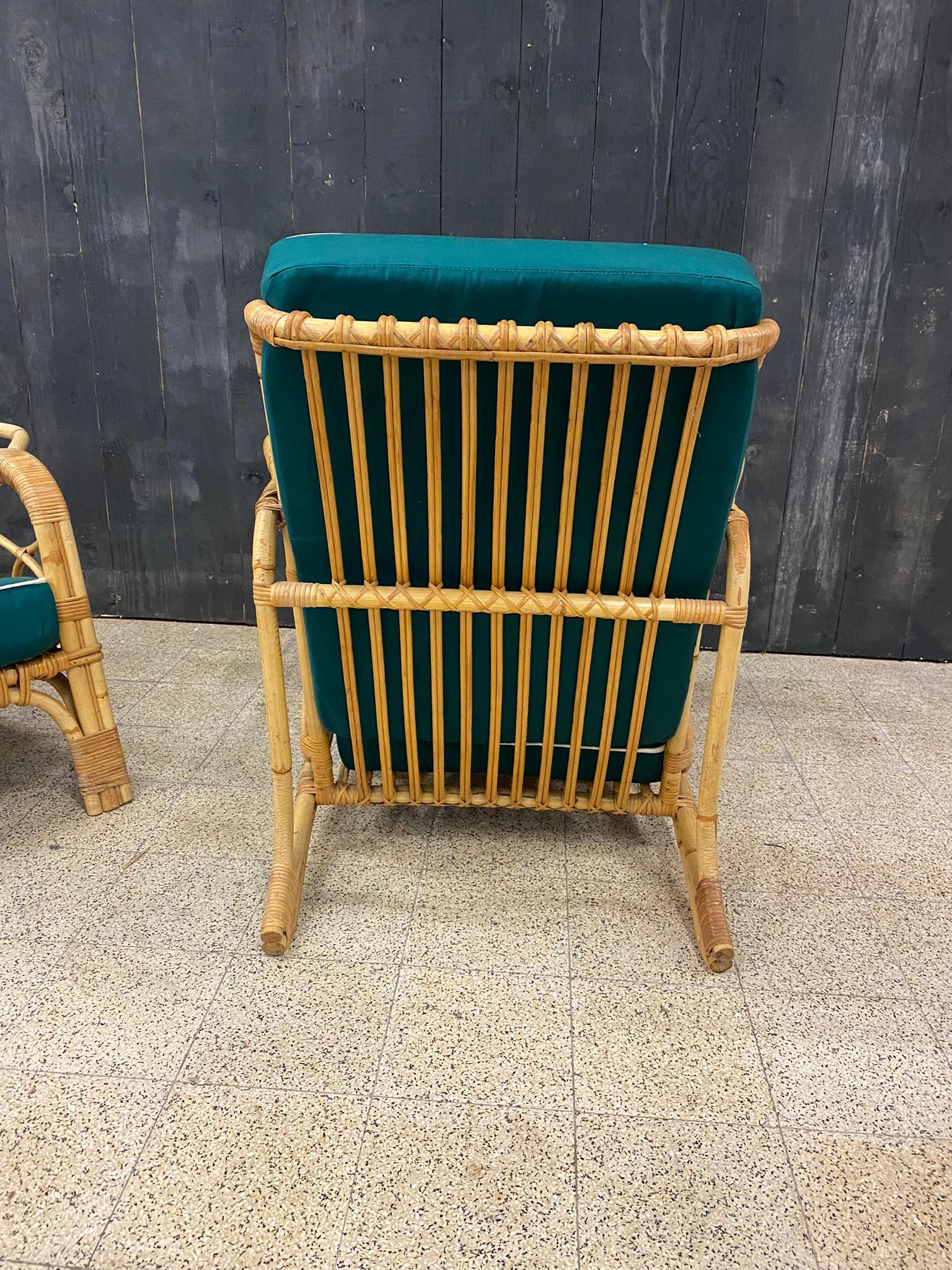 2 Bamboo and Rattan Armchairs and Their Cushions, circa 1970 For Sale 2