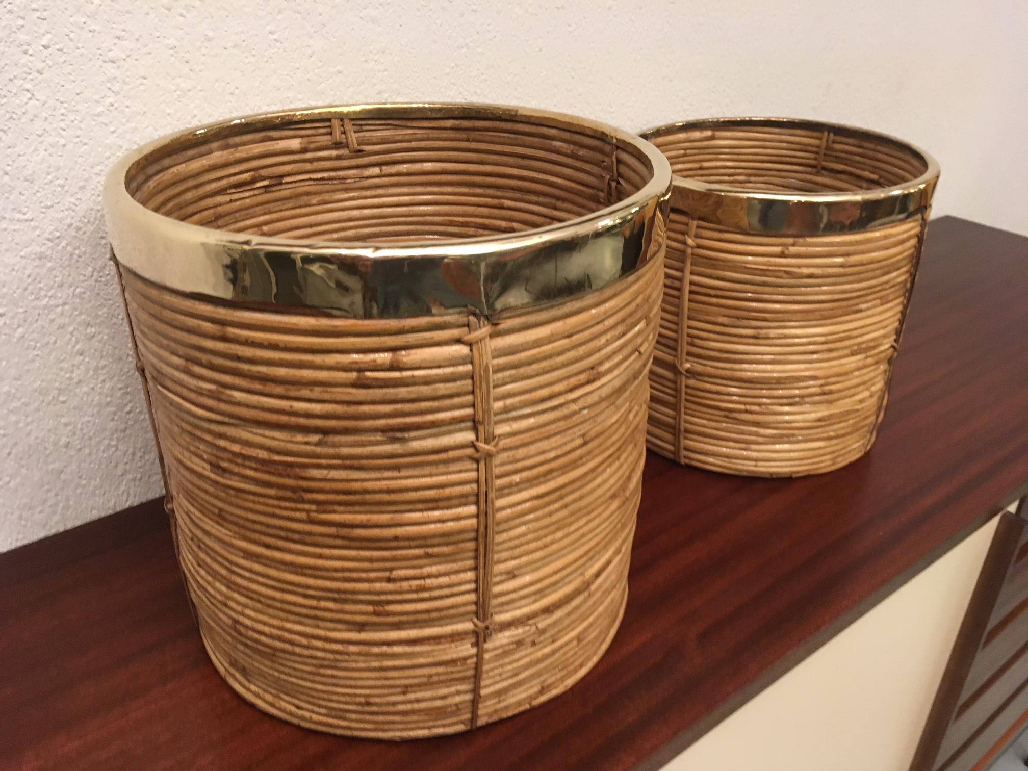 Two Rattan and Brass Planter, 1970s In Good Condition In Geneva, CH