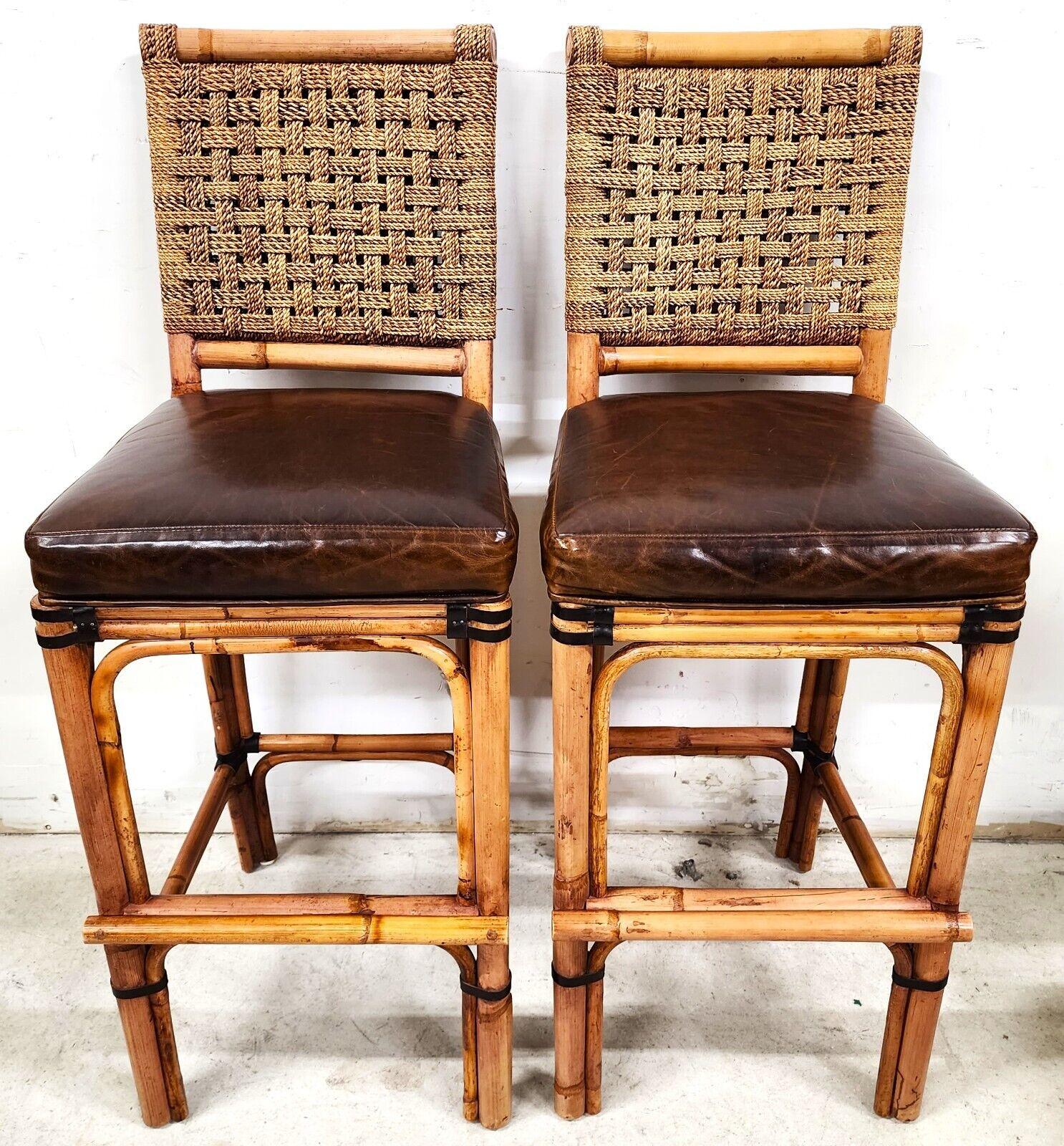 For FULL item description click on CONTINUE READING at the bottom of this page.

Offering One Of Our Recent Palm Beach Estate Fine Furniture Acquisitions Of A 
Set of 2 Bamboo Leather Barstools with Rattan & Braided Rope by PALECEK

Approximate