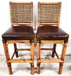 2 Bamboo Leather Barstools with Rattan & Braided Rope by Palecek