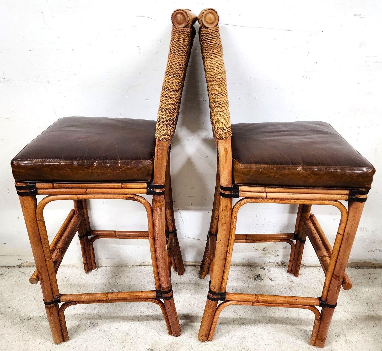 2 Bamboo Leather Barstools with Rattan & Braided Rope by Palecek In Good Condition In Lake Worth, FL
