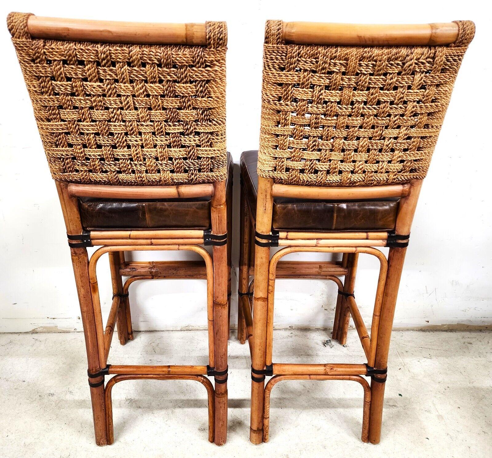 Late 20th Century 2 Bamboo Leather Barstools with Rattan & Braided Rope by Palecek
