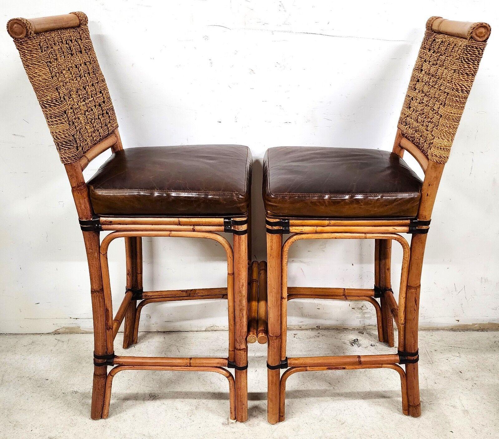 2 Bamboo Leather Barstools with Rattan & Braided Rope by Palecek 1