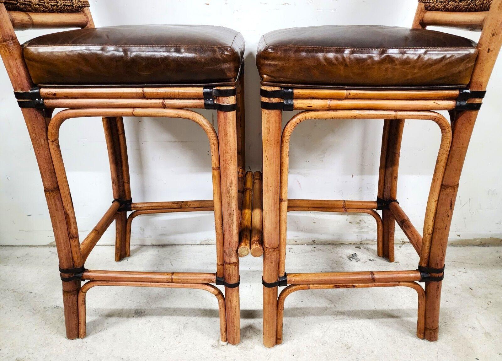 2 Bamboo Leather Barstools with Rattan & Braided Rope by Palecek 2