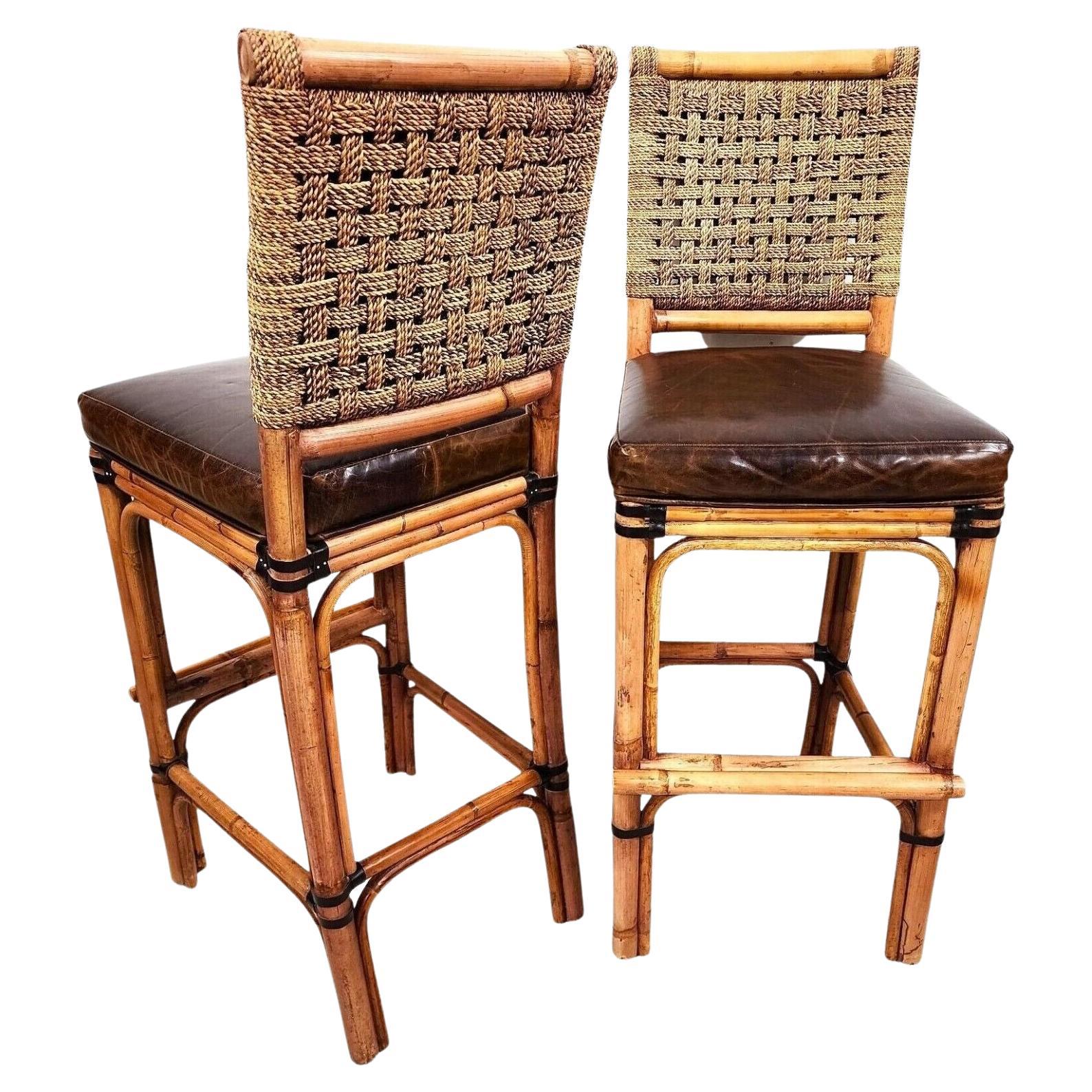 2 Bamboo Leather Barstools with Rattan & Braided Rope by Palecek