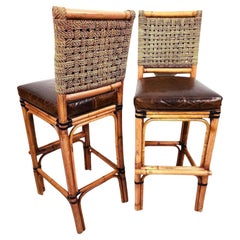 2 Bamboo Leather Barstools with Rattan & Braided Rope by Palecek
