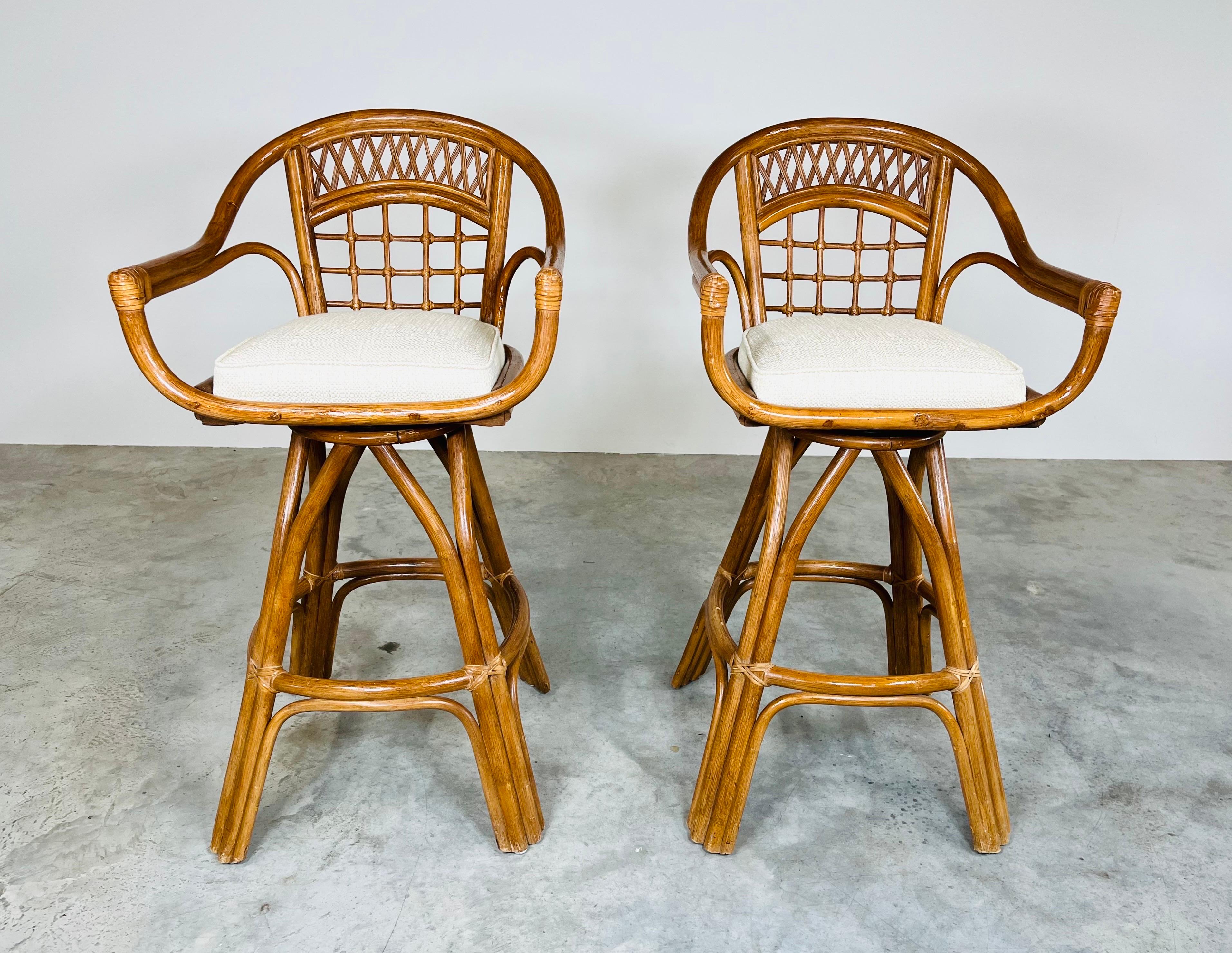 Philippine 2-Bamboo Midcentury Chippendale Boho Ficks Reed Style Swivel Barstools For Sale