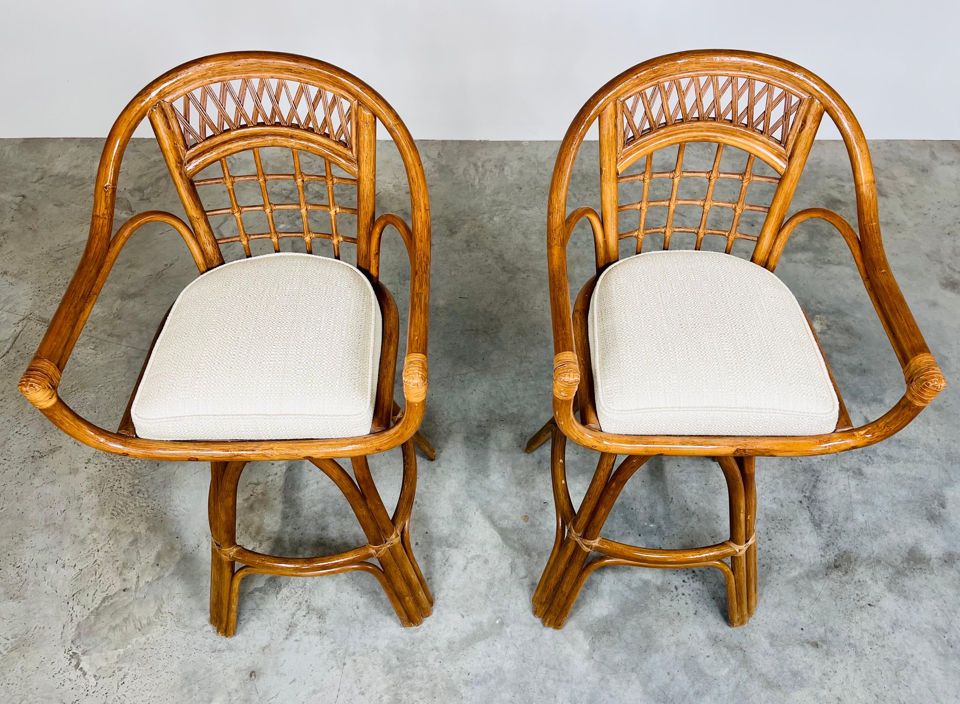 2-Bamboo Midcentury Chippendale Boho Ficks Reed Style Swivel Barstools In Excellent Condition For Sale In Southampton, NJ