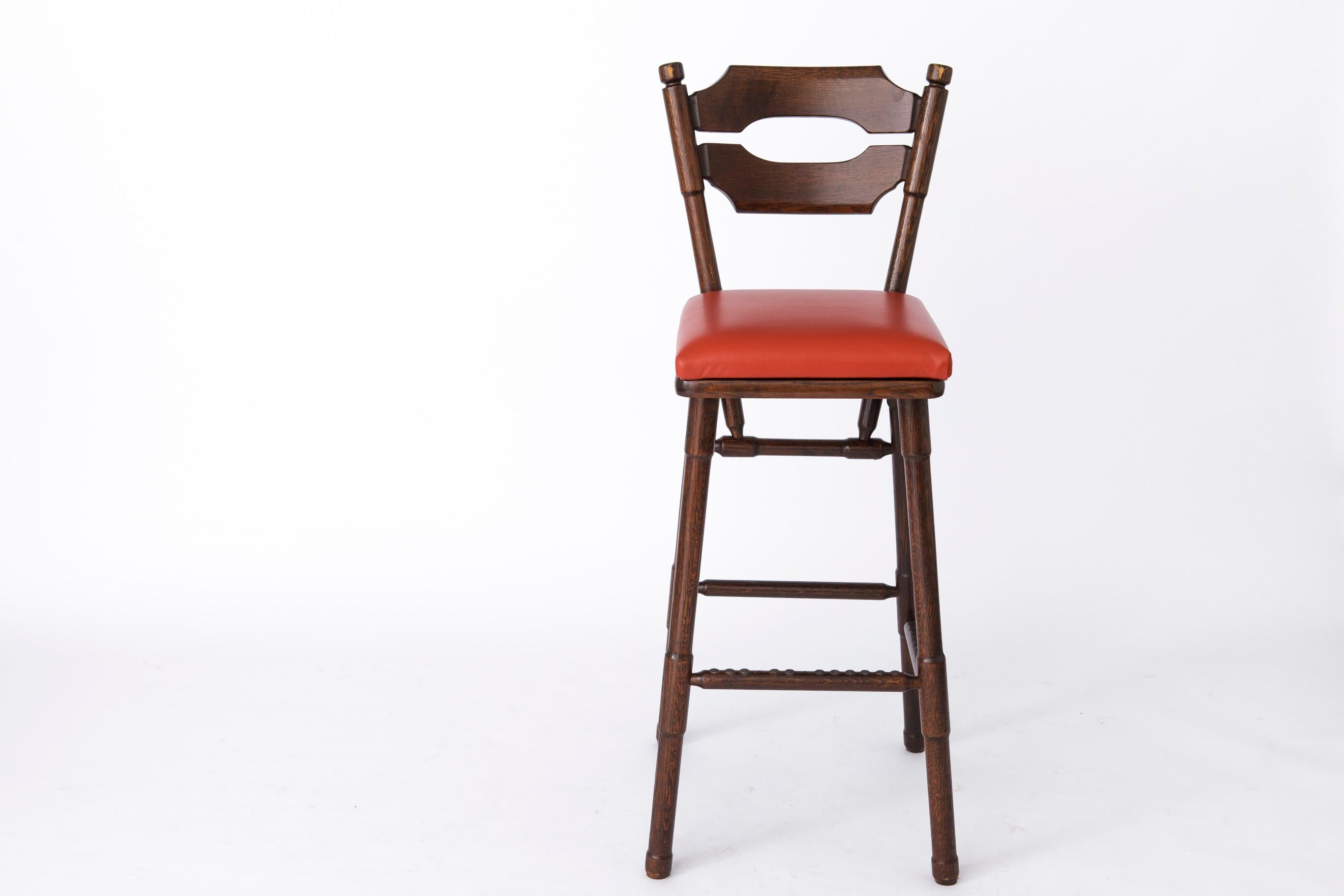 Unique pair of vintage bar stools. 
Production Period: 1980s
German origin. 

Add a touch of retro elegance to your space with this unique pair of vintage bar stools. While the manufacturer remains unknown, these stools exude style and craftsmanship