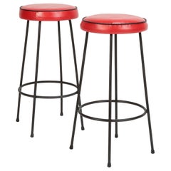 2 Bar Stools Red Leather Italy, 1950s 2 Bar Stools Red Leather Italy, 1950s
