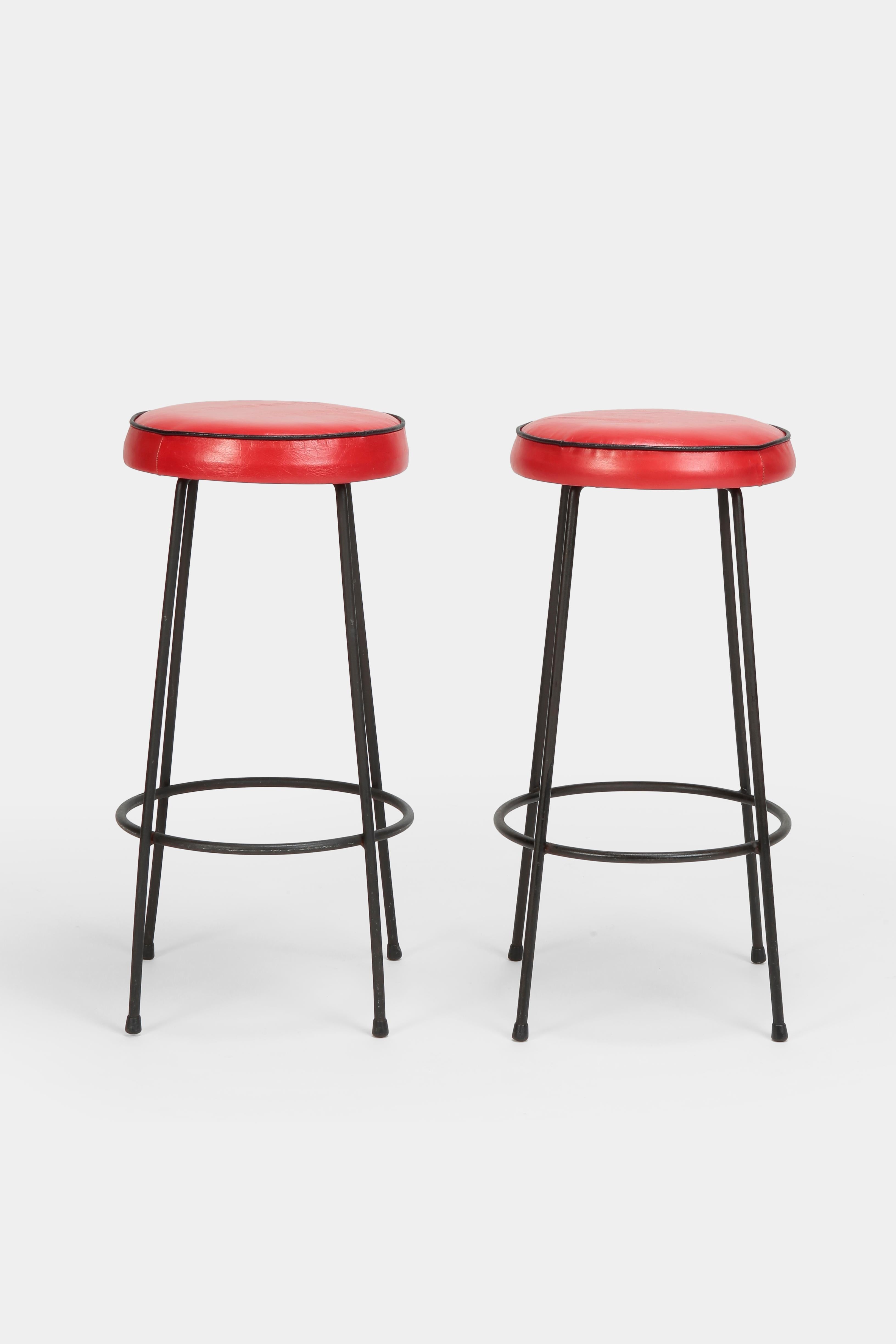Mid-Century Modern 2 Bar Stools Red Leather Italy, 1950s