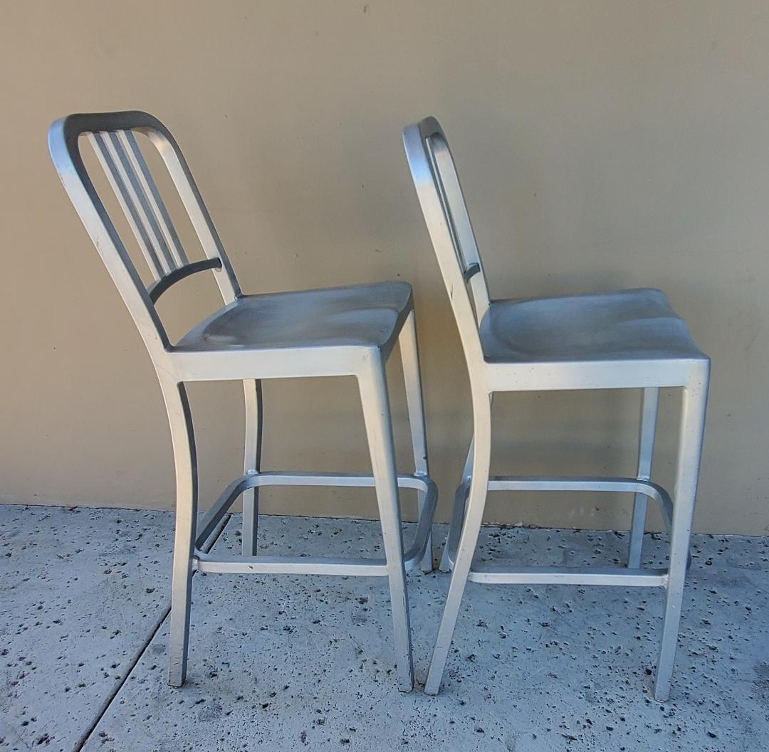 2 Bar Stools Tall Brushed Aluminum Indoor Outdoor EMECO Barstools Labeled In Good Condition For Sale In Monrovia, CA