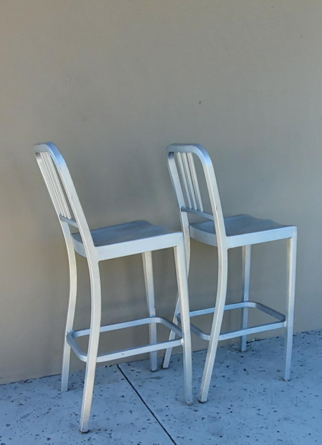 20th Century 2 Bar Stools Tall Brushed Aluminum Indoor Outdoor EMECO Barstools Labeled For Sale