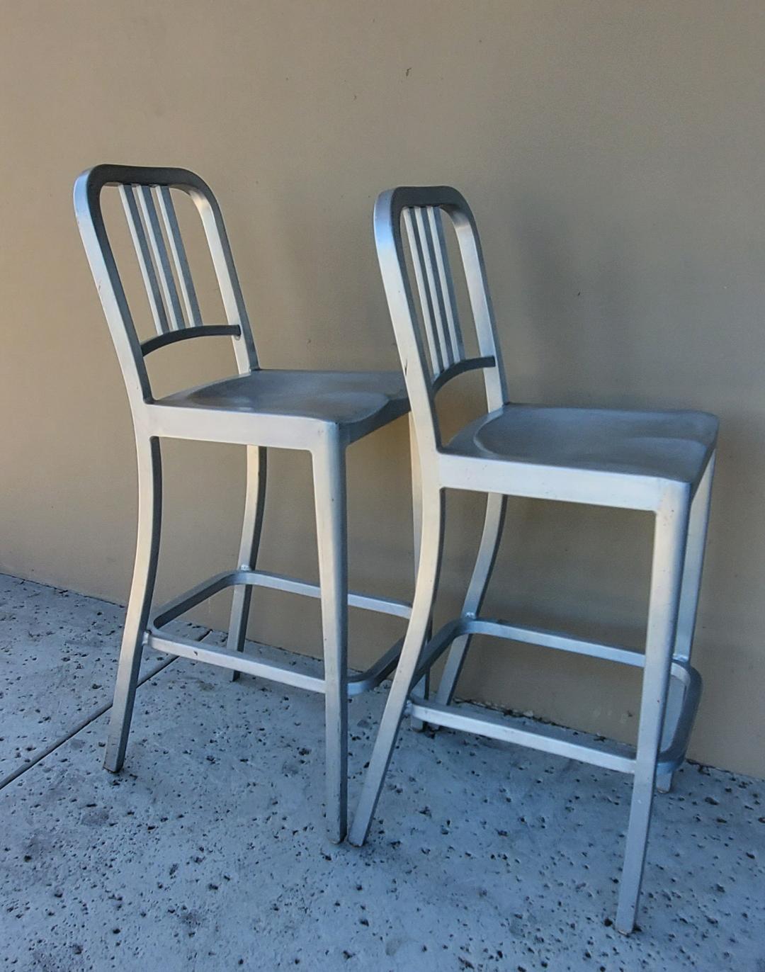 2 Bar Stools Tall Brushed Aluminum Indoor Outdoor EMECO Barstools Labeled For Sale 1
