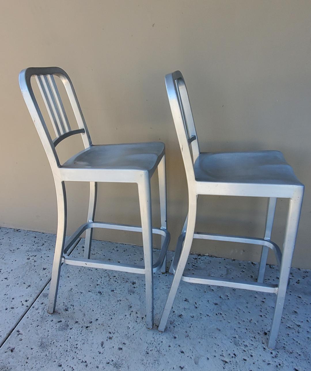 2 Bar Stools Tall Brushed Aluminum Indoor Outdoor EMECO Barstools Labeled For Sale 3