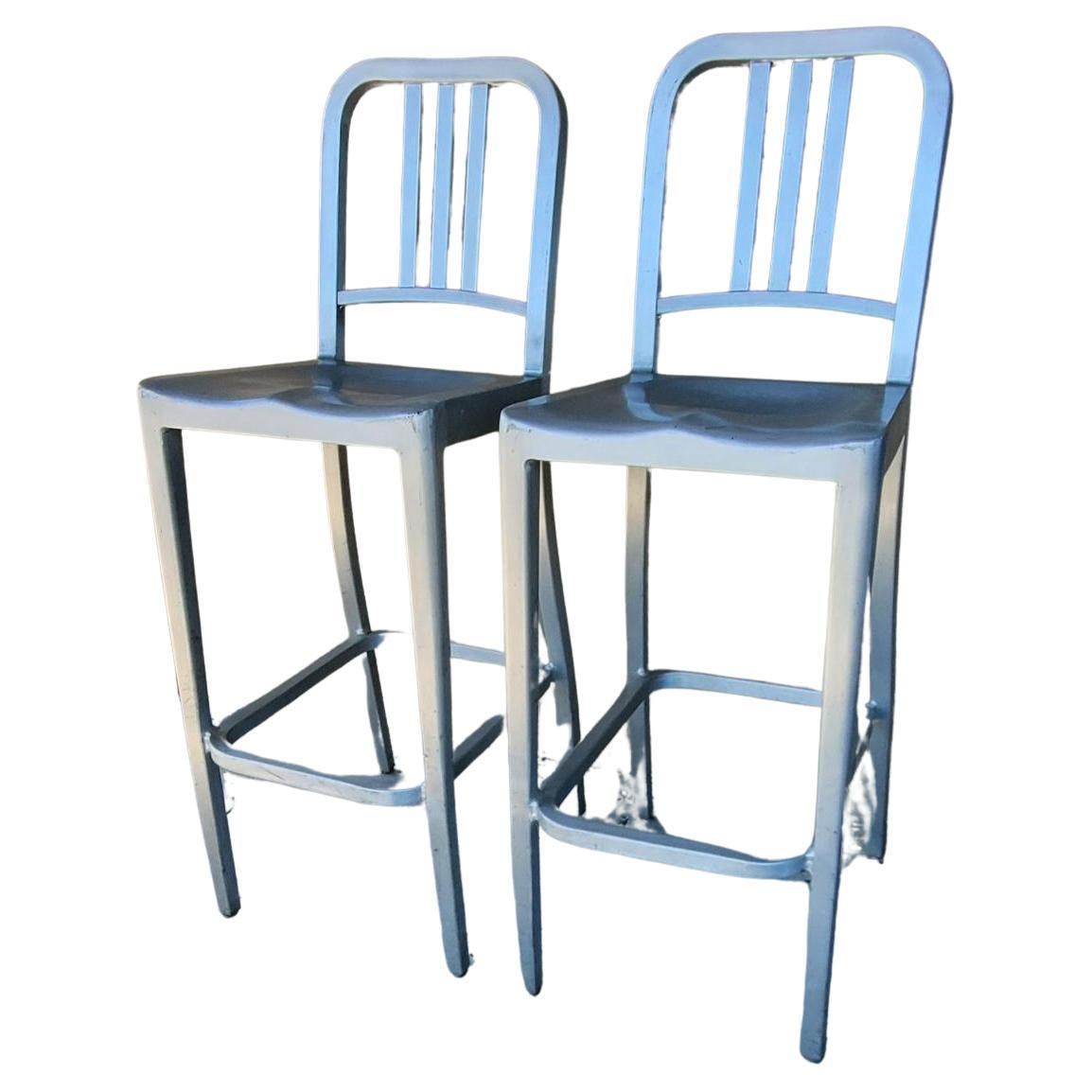 2 Bar Stools Tall Brushed Aluminum Indoor Outdoor EMECO Barstools Labeled For Sale