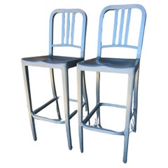2 Bar Stools Tall Brushed Aluminum Indoor Outdoor EMECO Barstools Labeled