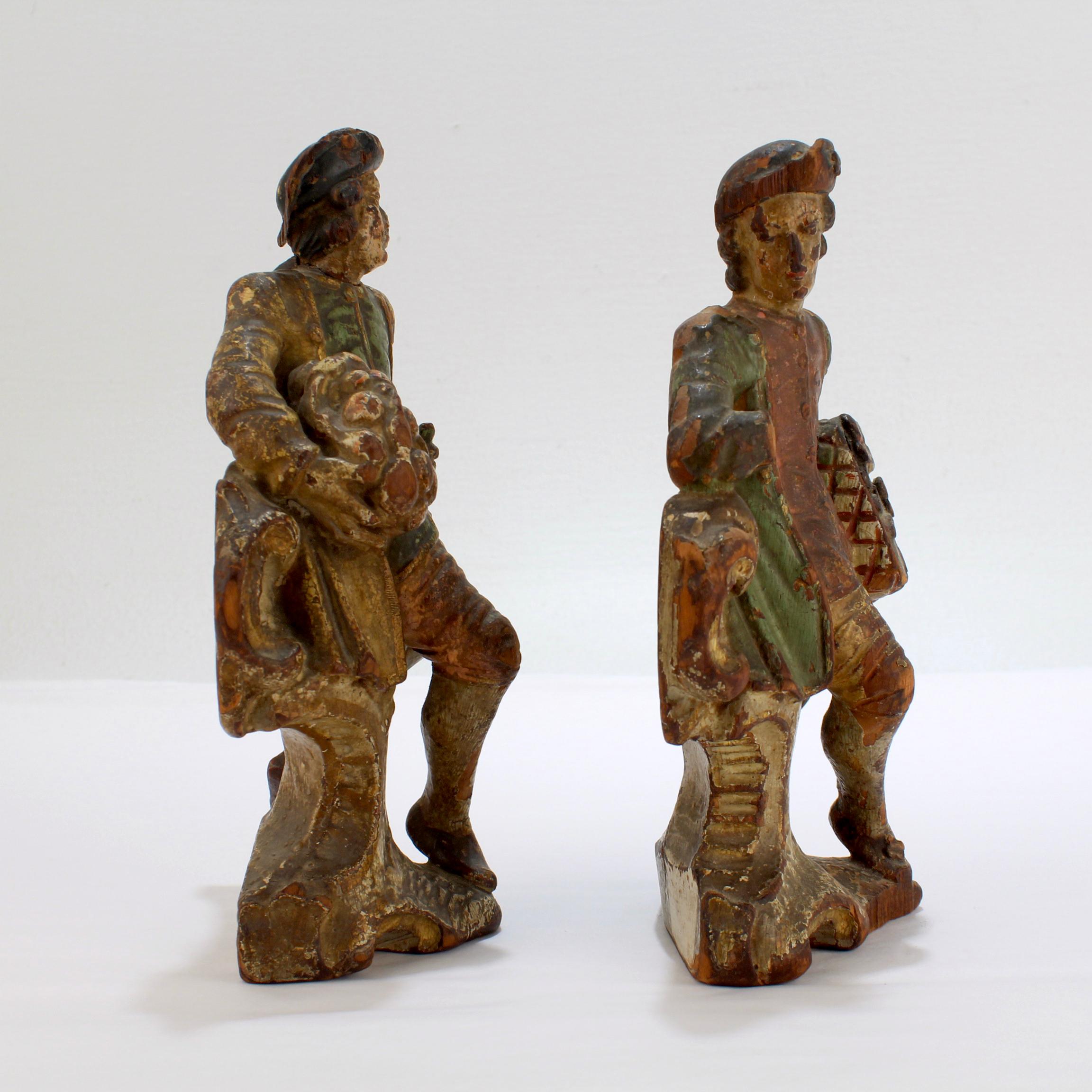 2 Baroque 18th Century Carved Polychrome Decorated Wooden Continental Figurines In Fair Condition For Sale In Philadelphia, PA